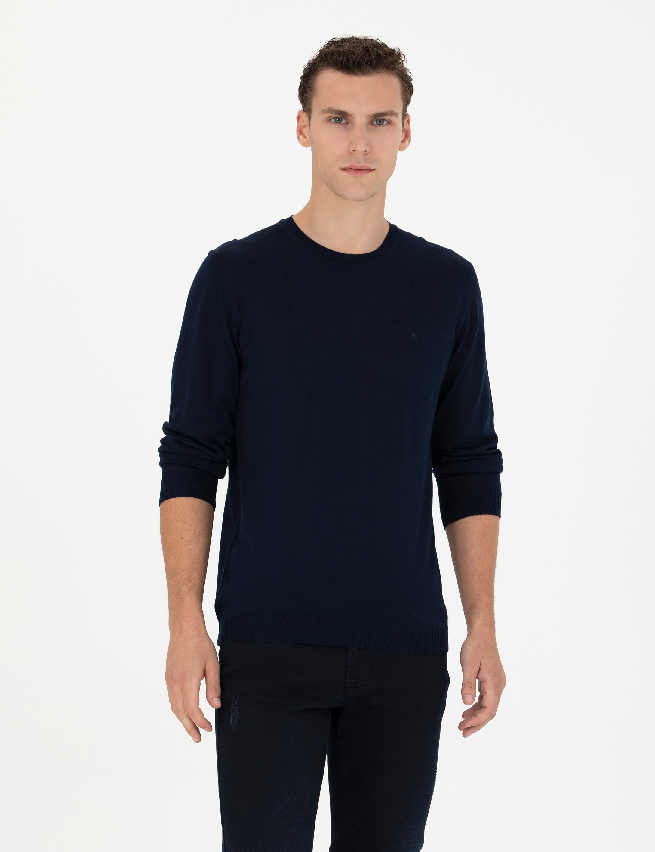 Lacivert Slim Fit Bisiklet Yaka Yün Karışımlı Basic Triko Kazak