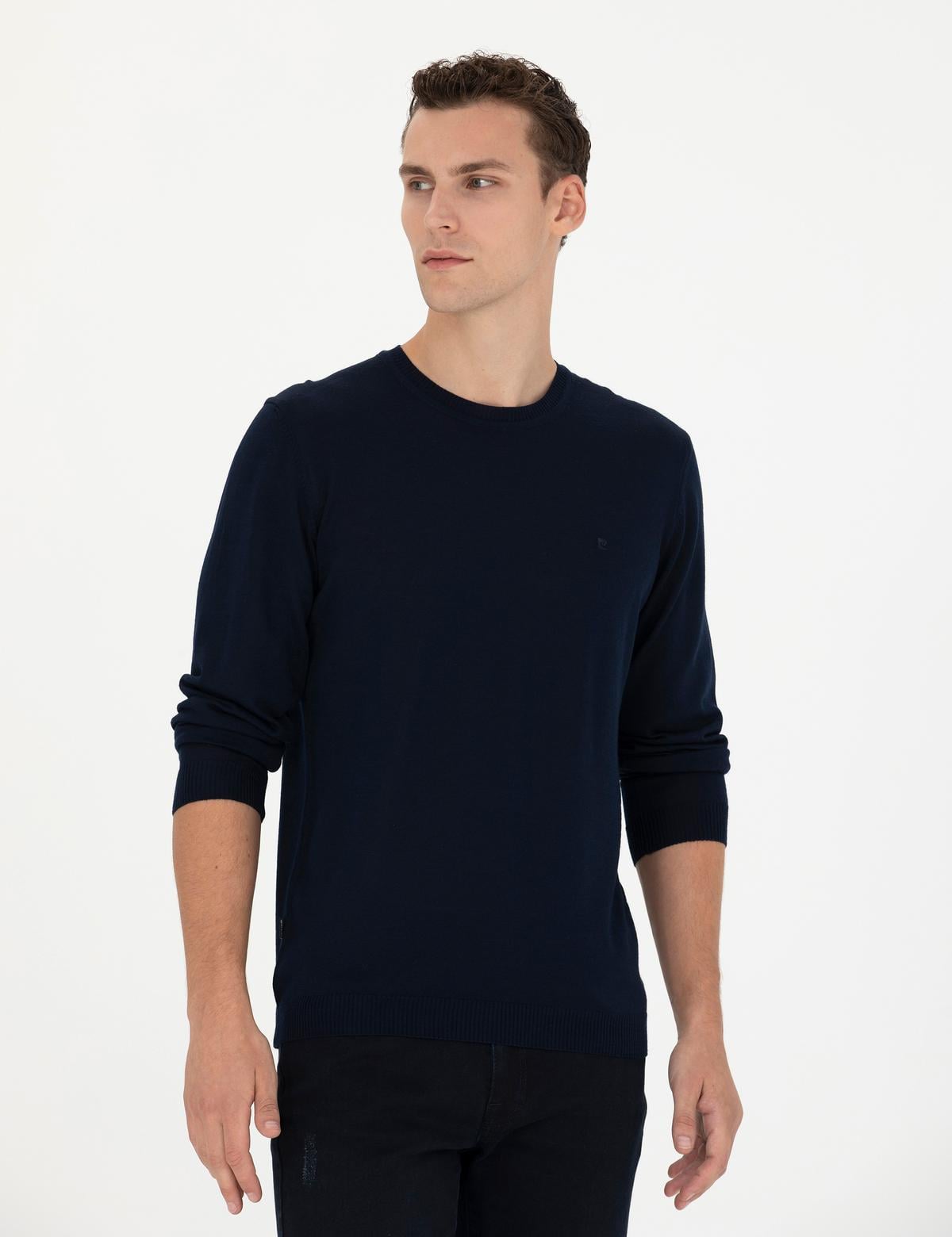 Lacivert Slim Fit Bisiklet Yaka Yün Karışımlı Basic Triko Kazak - 50270054021