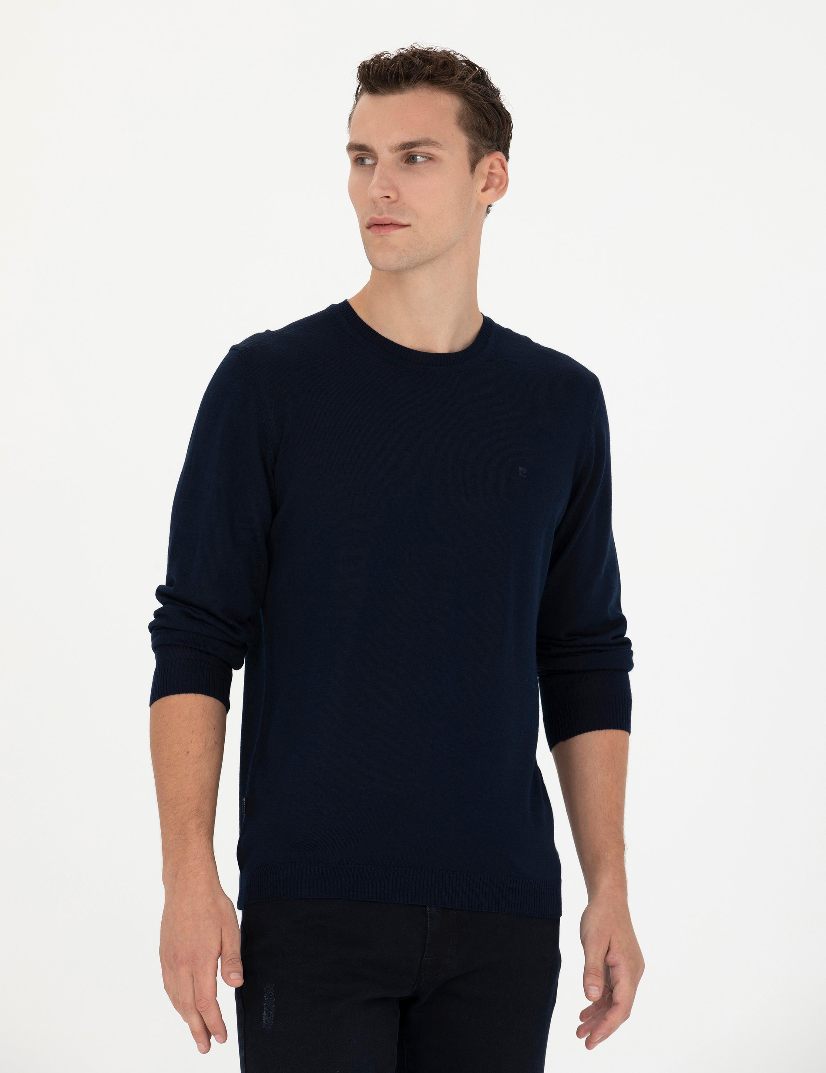 Lacivert Slim Fit Bisiklet Yaka Yün Karışımlı Basic Triko Kazak