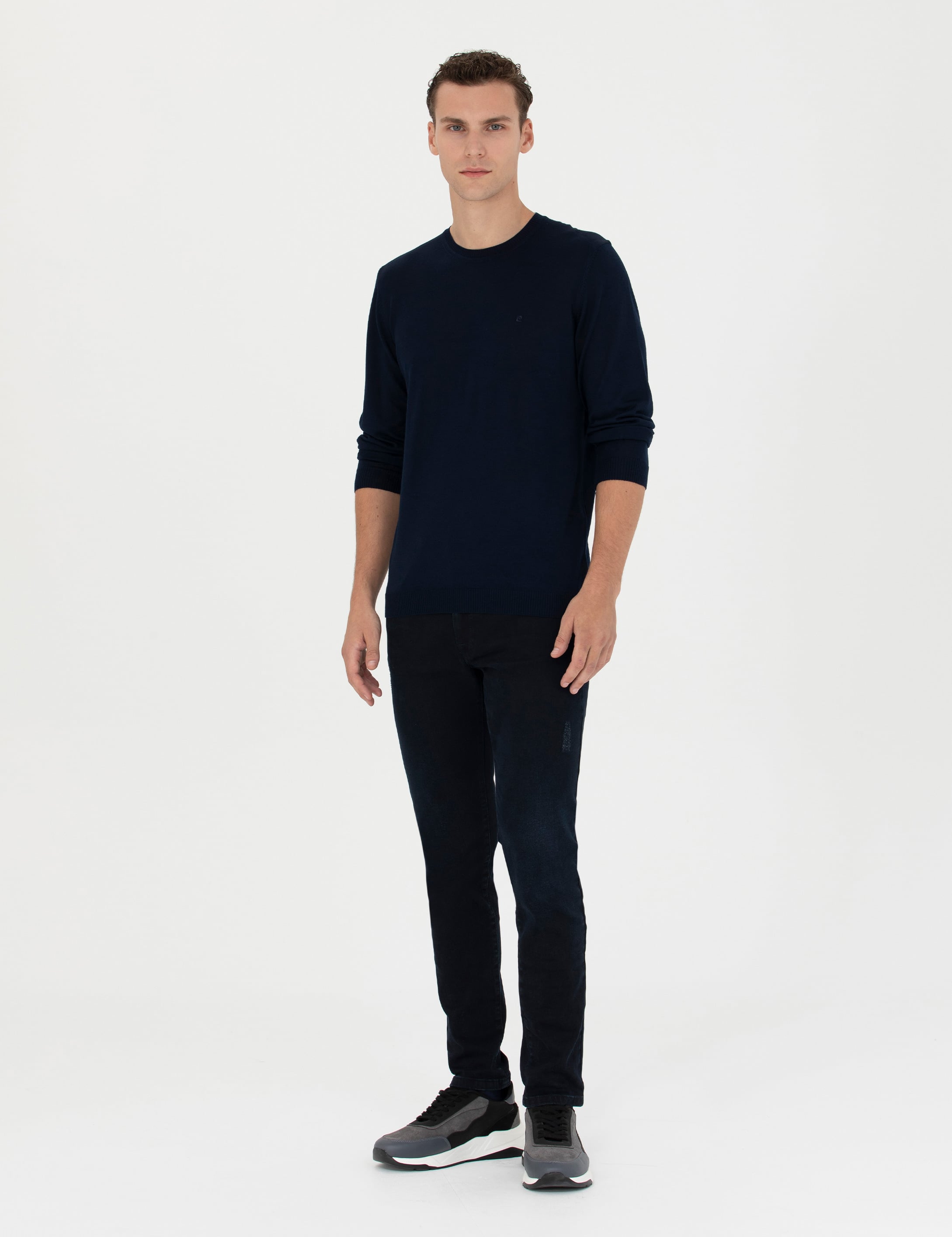 Lacivert Slim Fit Bisiklet Yaka Yün Karışımlı Basic Triko Kazak