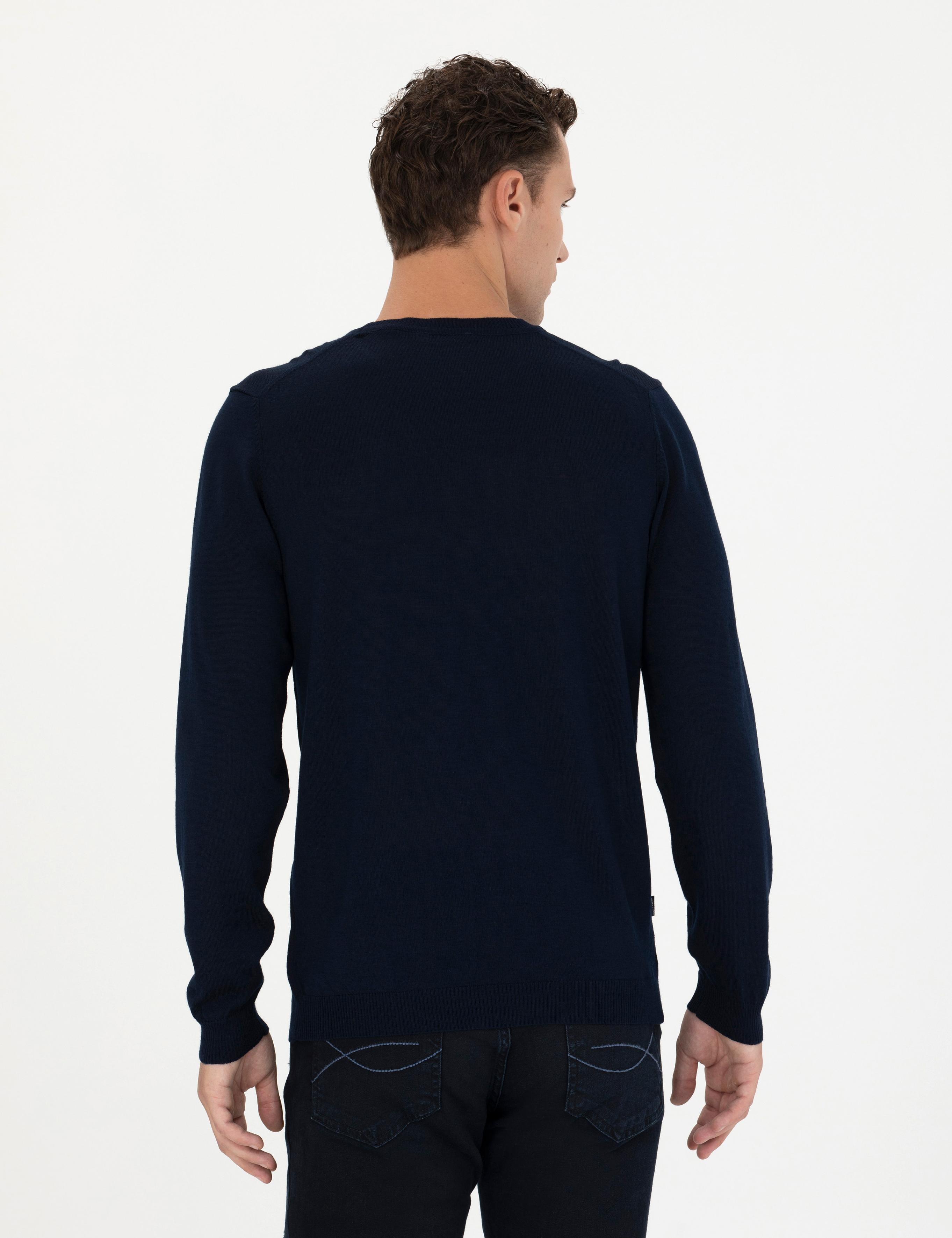 Lacivert Slim Fit Bisiklet Yaka Yün Karışımlı Basic Triko Kazak