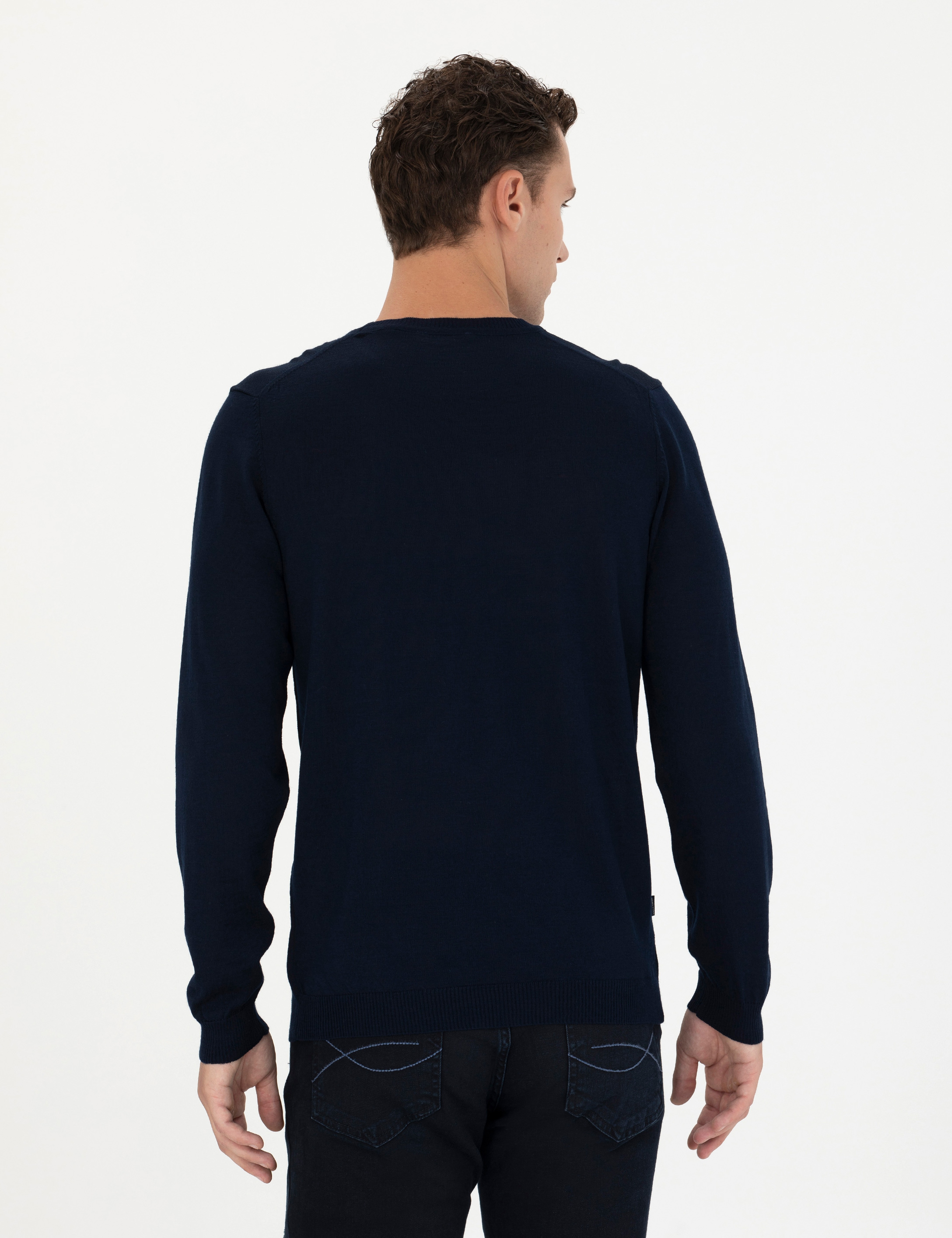 Lacivert Slim Fit Bisiklet Yaka Yün Karışımlı Basic Triko Kazak