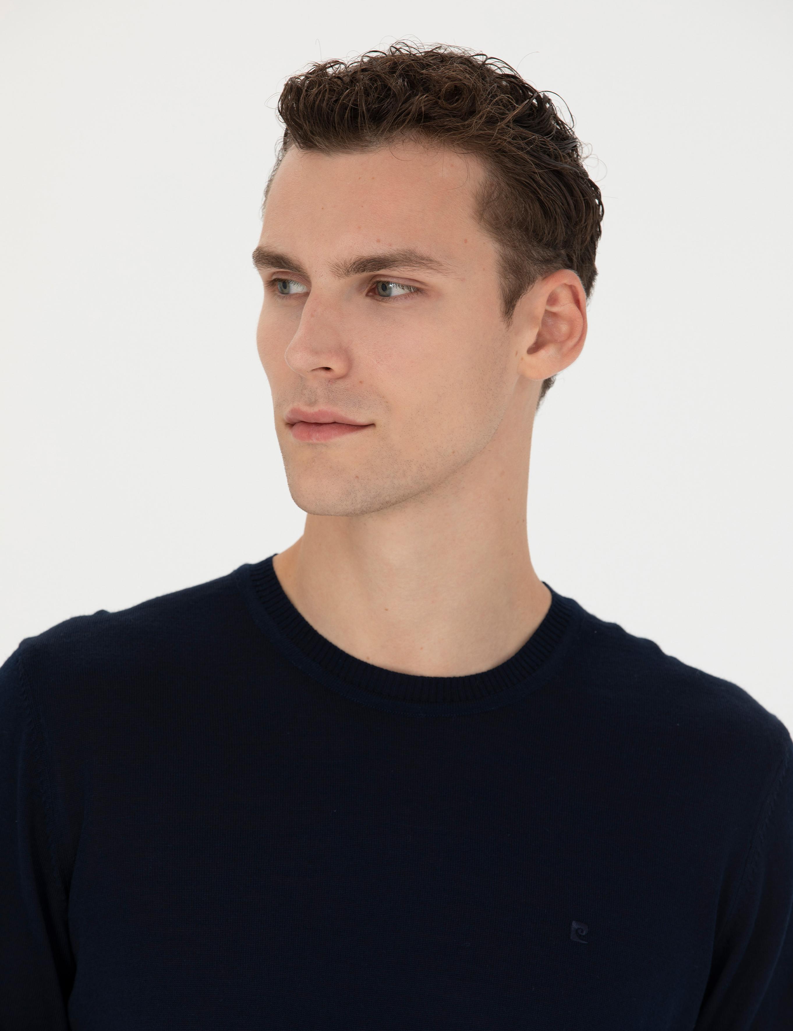 Lacivert Slim Fit Bisiklet Yaka Yün Karışımlı Basic Triko Kazak