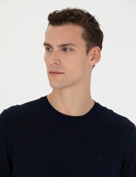 Lacivert Slim Fit Bisiklet Yaka Yün Karışımlı Basic Triko Kazak - 50270054021