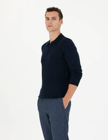 Lacivert Slim Fit Fermuarlı Polo Yaka Triko Kazak