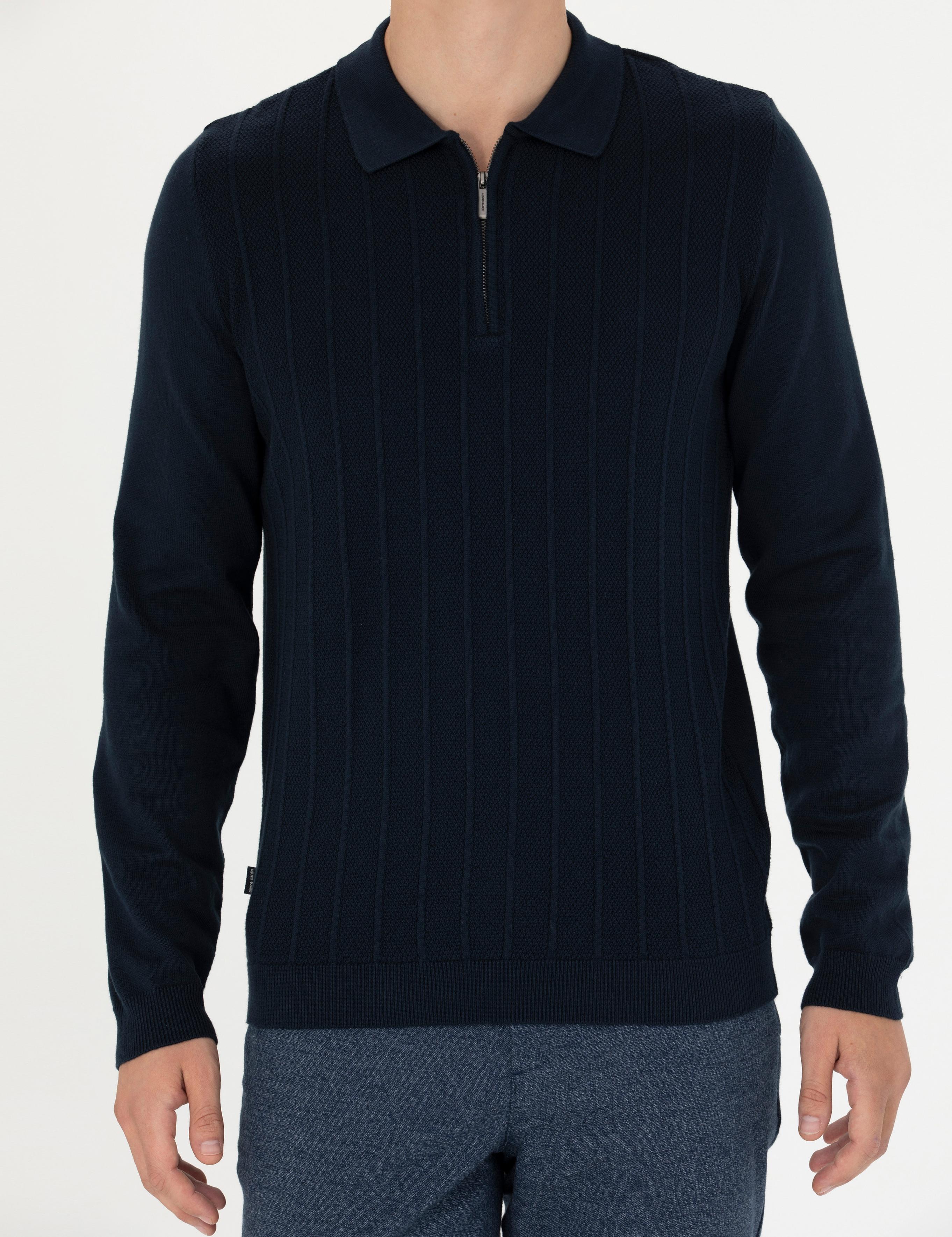 Lacivert Slim Fit Fermuarlı Polo Yaka Triko Kazak