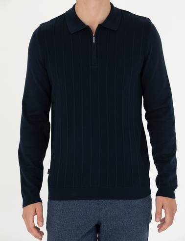 Lacivert Slim Fit Fermuarlı Polo Yaka Triko Kazak
