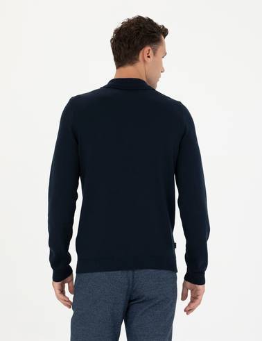 Lacivert Slim Fit Fermuarlı Polo Yaka Triko Kazak