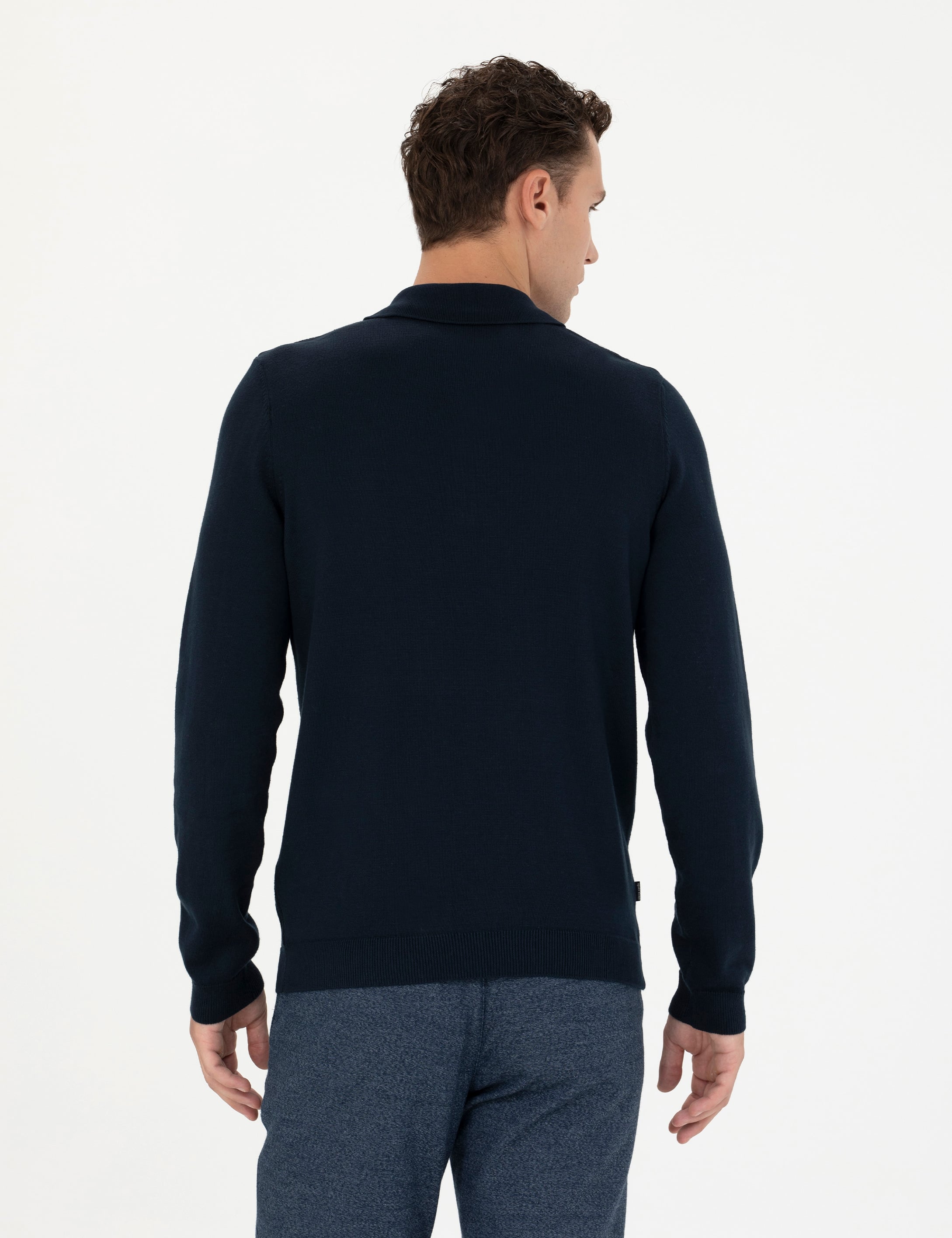 Lacivert Slim Fit Fermuarlı Polo Yaka Triko Kazak