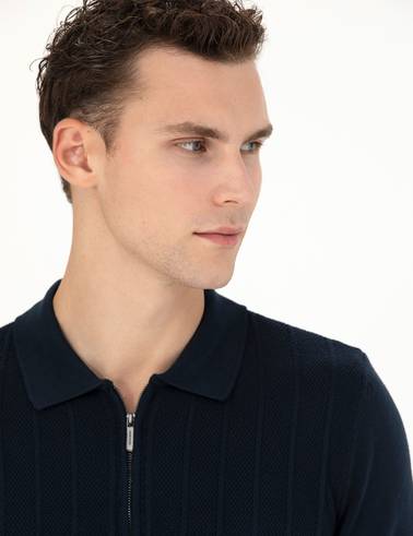 Lacivert Slim Fit Fermuarlı Polo Yaka Triko Kazak