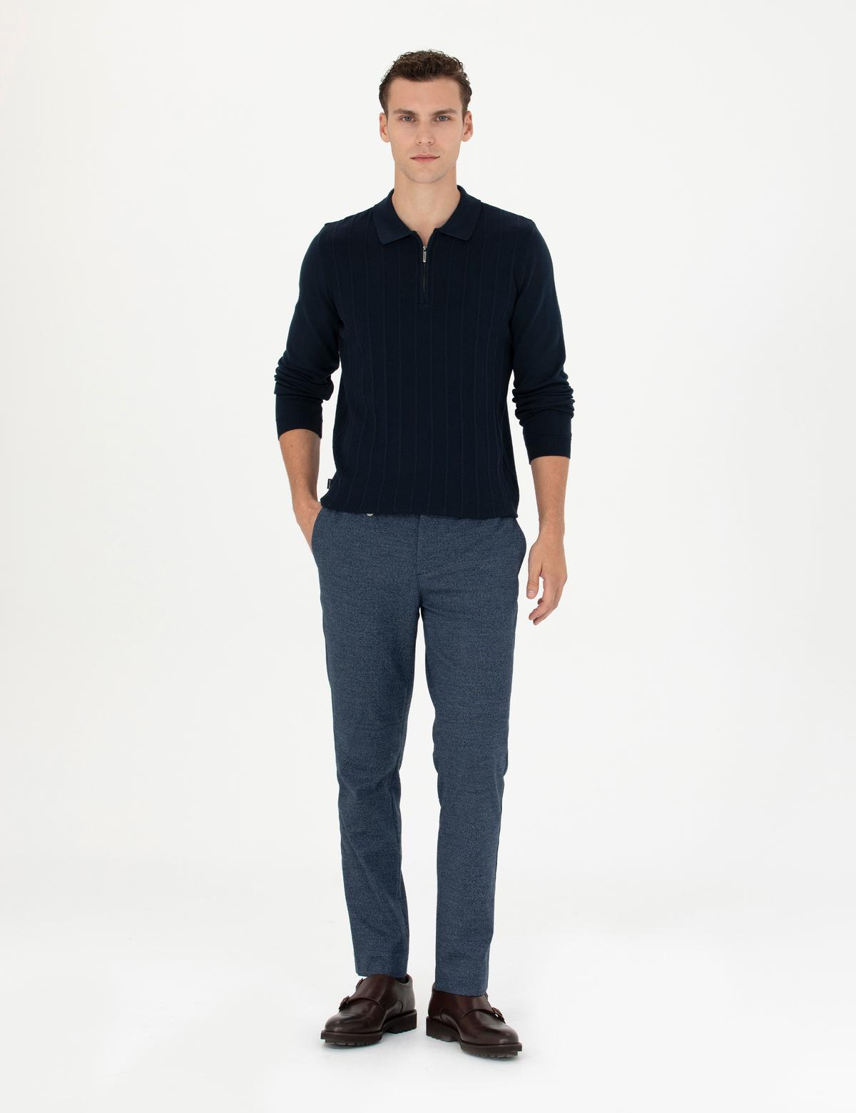 Lacivert Slim Fit Fermuarlı Polo Yaka Triko Kazak - 50278088031