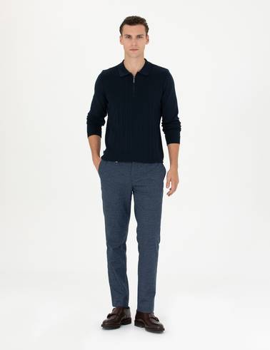 Lacivert Slim Fit Fermuarlı Polo Yaka Triko Kazak
