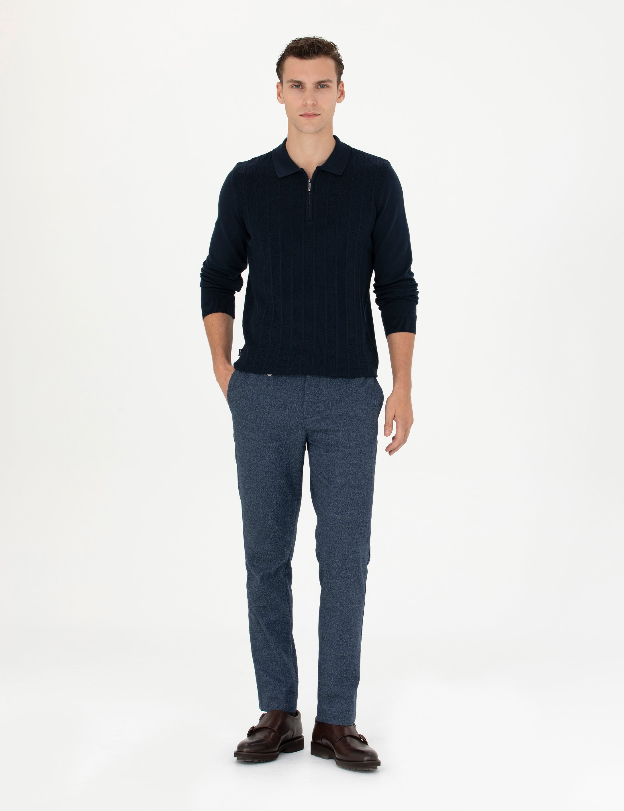 Lacivert Slim Fit Fermuarlı Polo Yaka Triko Kazak - Image 4