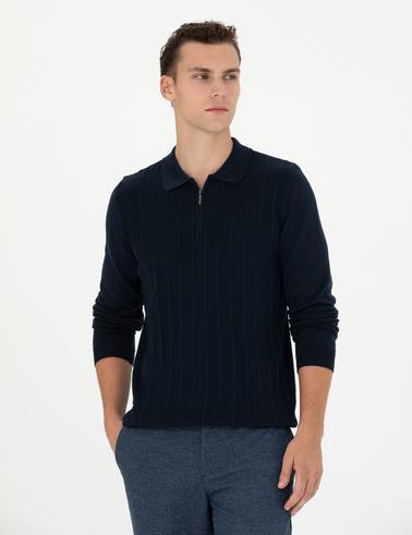 Lacivert Slim Fit Fermuarlı Polo Yaka Triko Kazak