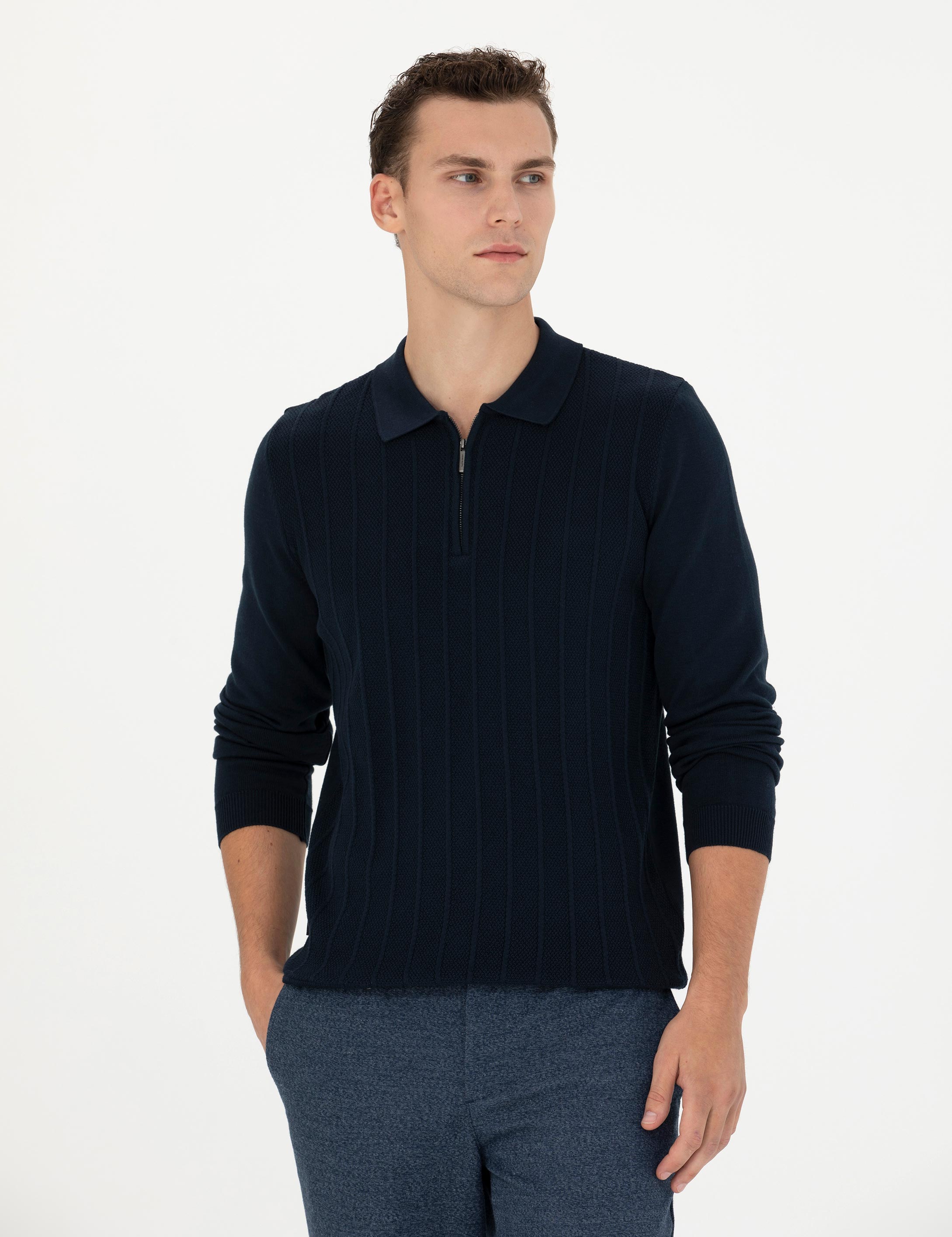 Lacivert Slim Fit Fermuarlı Polo Yaka Triko Kazak