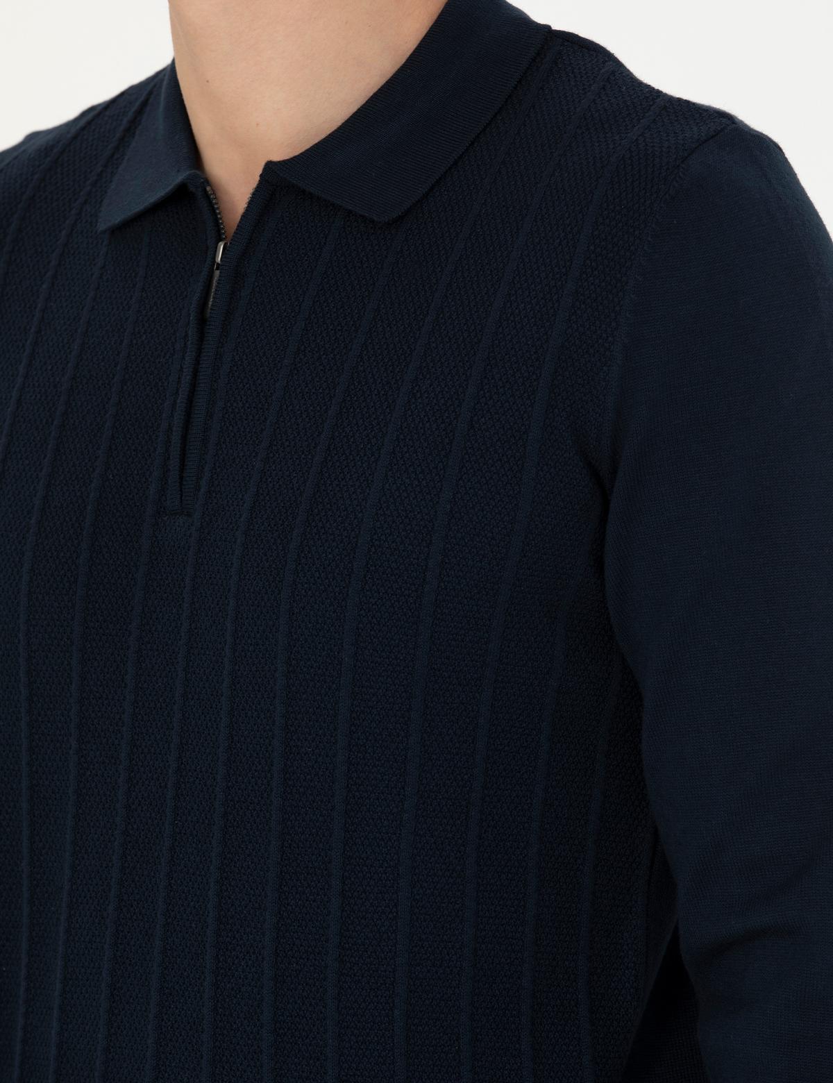 Lacivert Slim Fit Fermuarlı Polo Yaka Triko Kazak - 50278088031