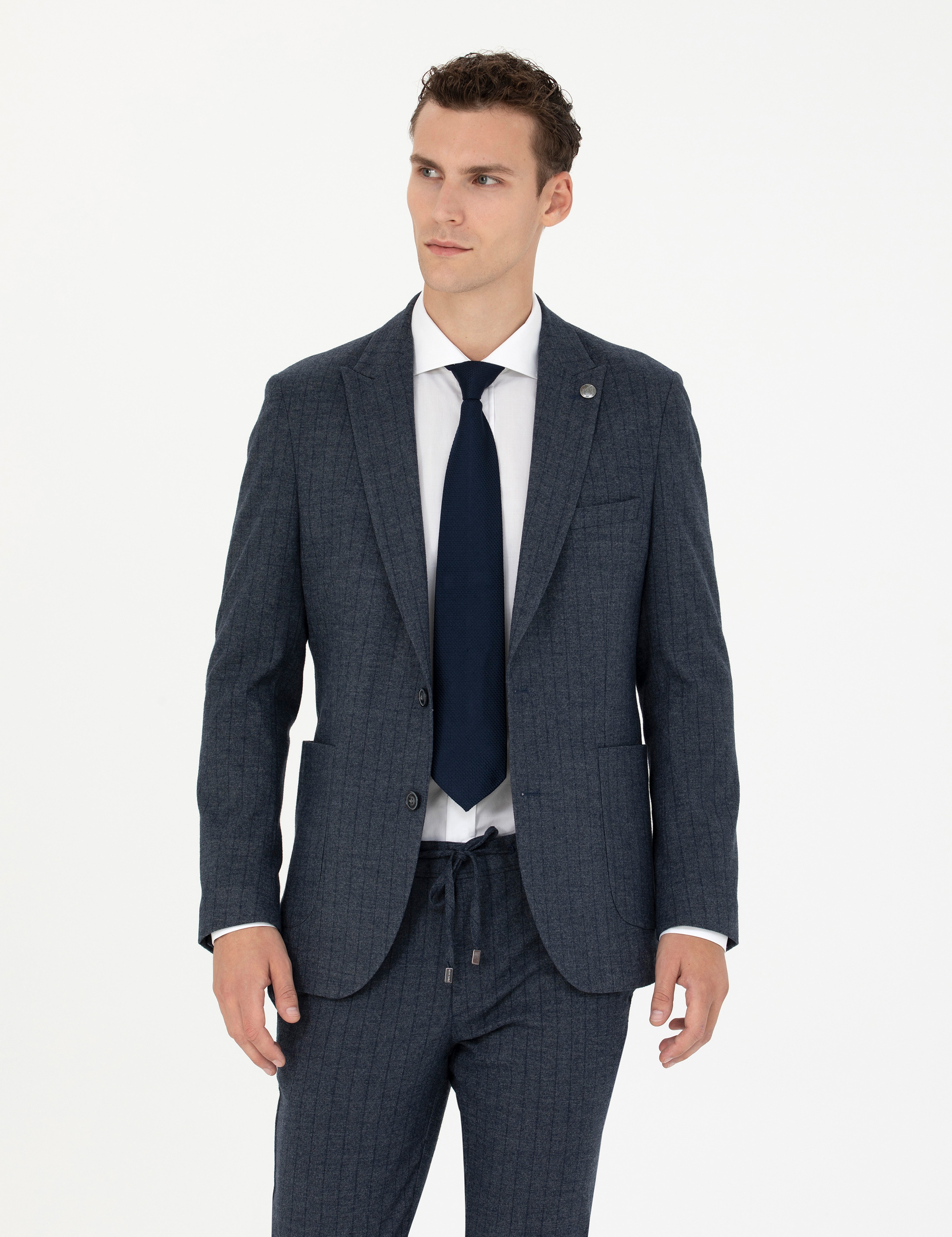 Lacivert Ekstra Slim Fit Çizgili Takım Elbise - Image 4