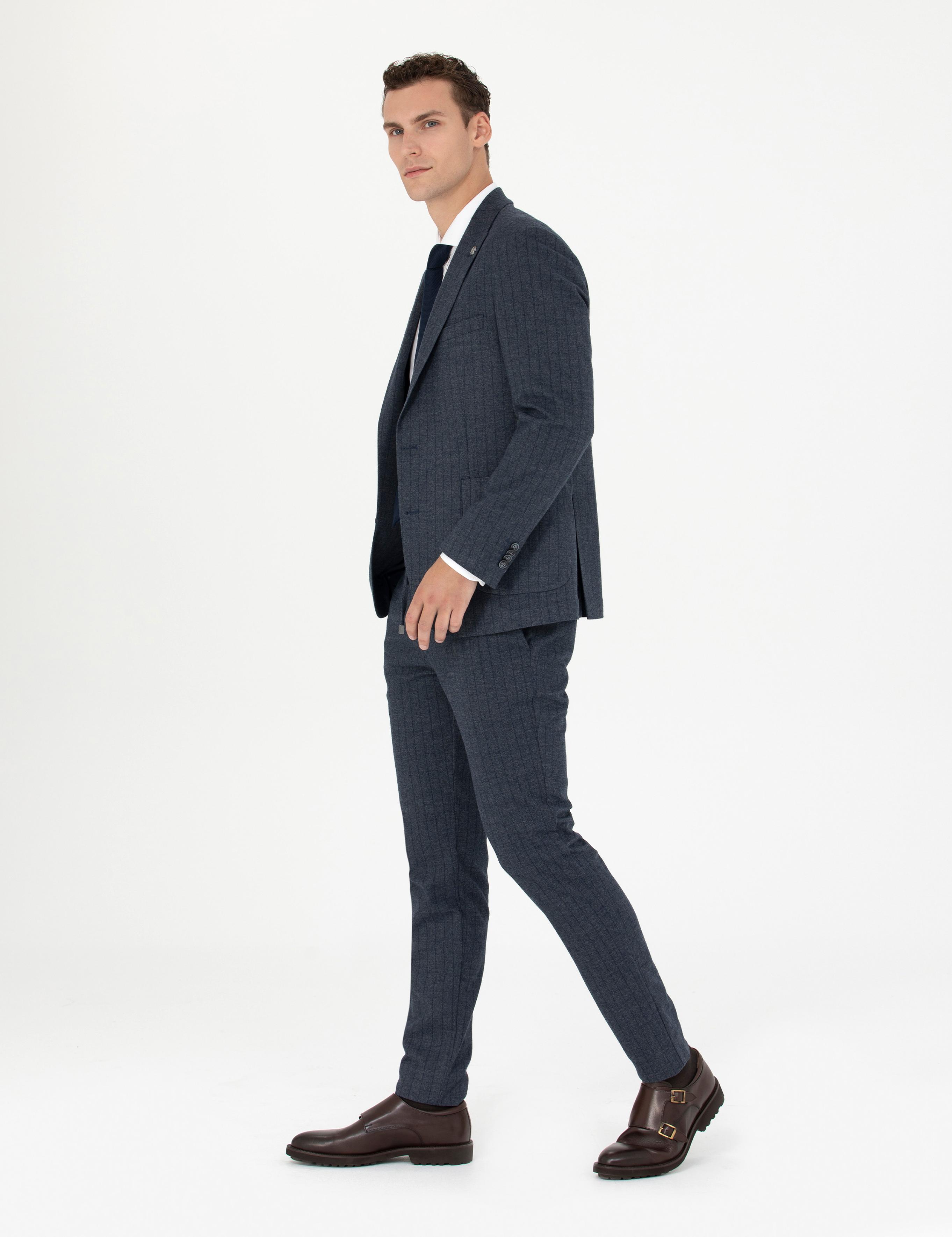 Lacivert Ekstra Slim Fit Çizgili Takım Elbise