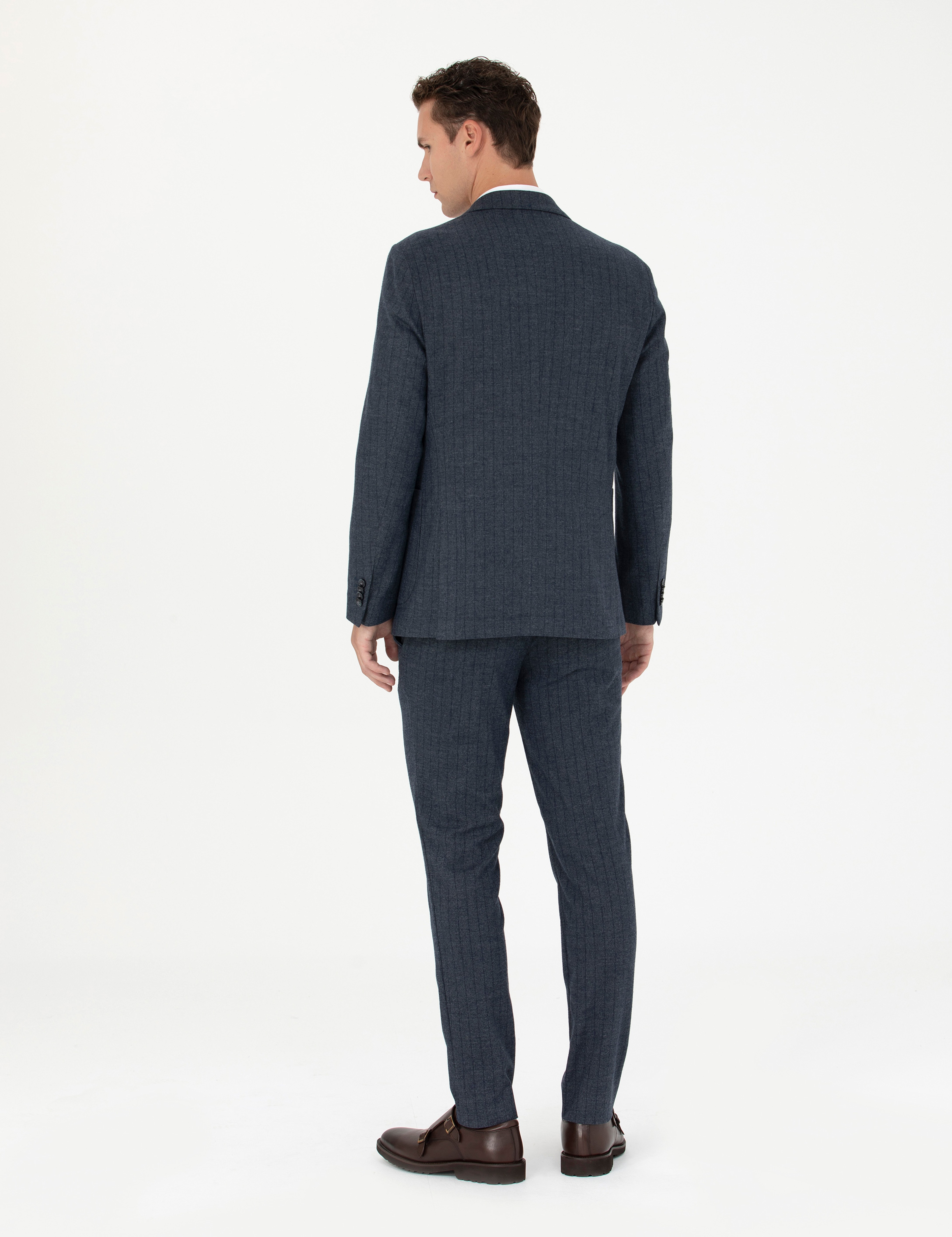 Lacivert Ekstra Slim Fit Çizgili Takım Elbise - Image 5