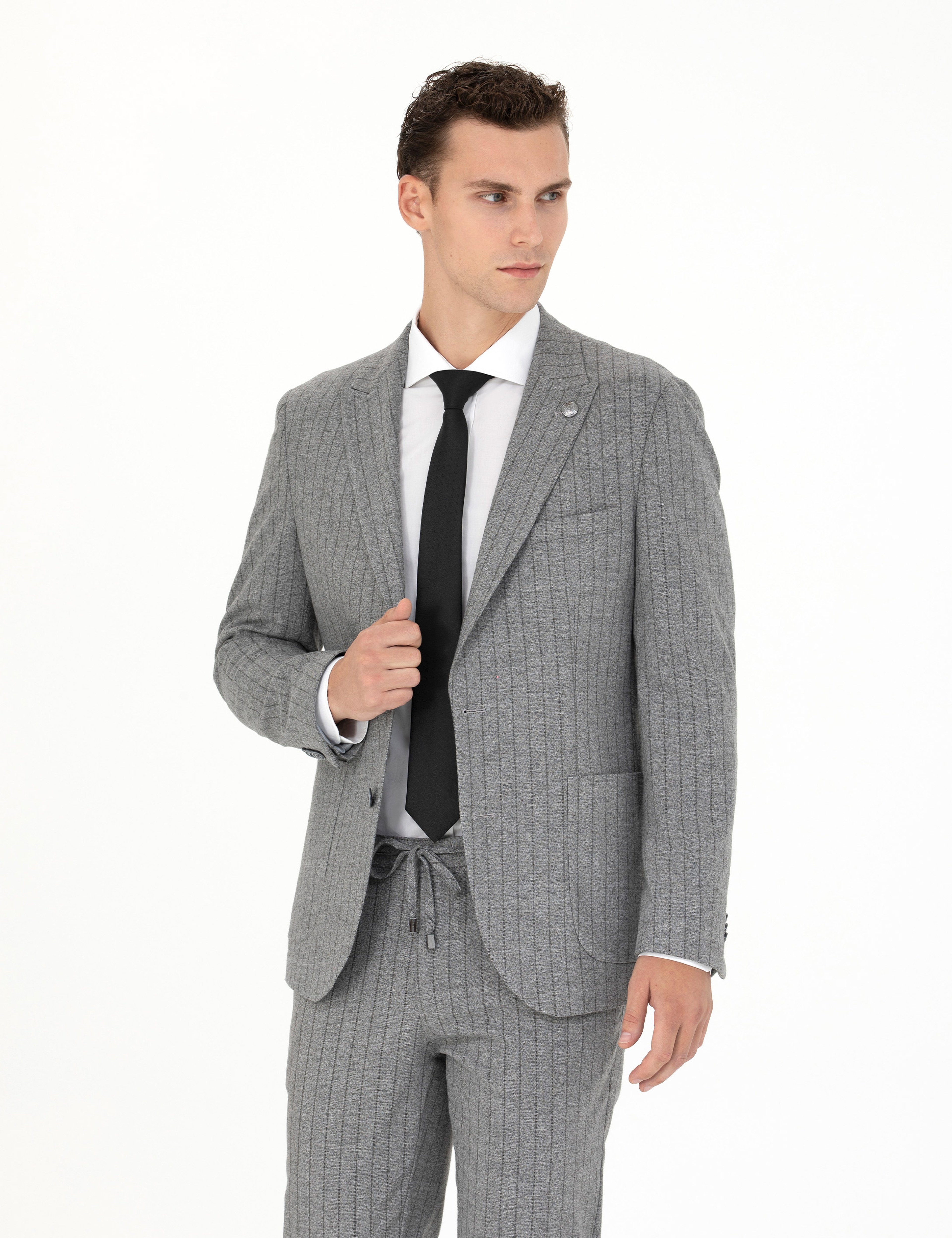 Gri Ekstra Slim Fit Çizgili Takım Elbise