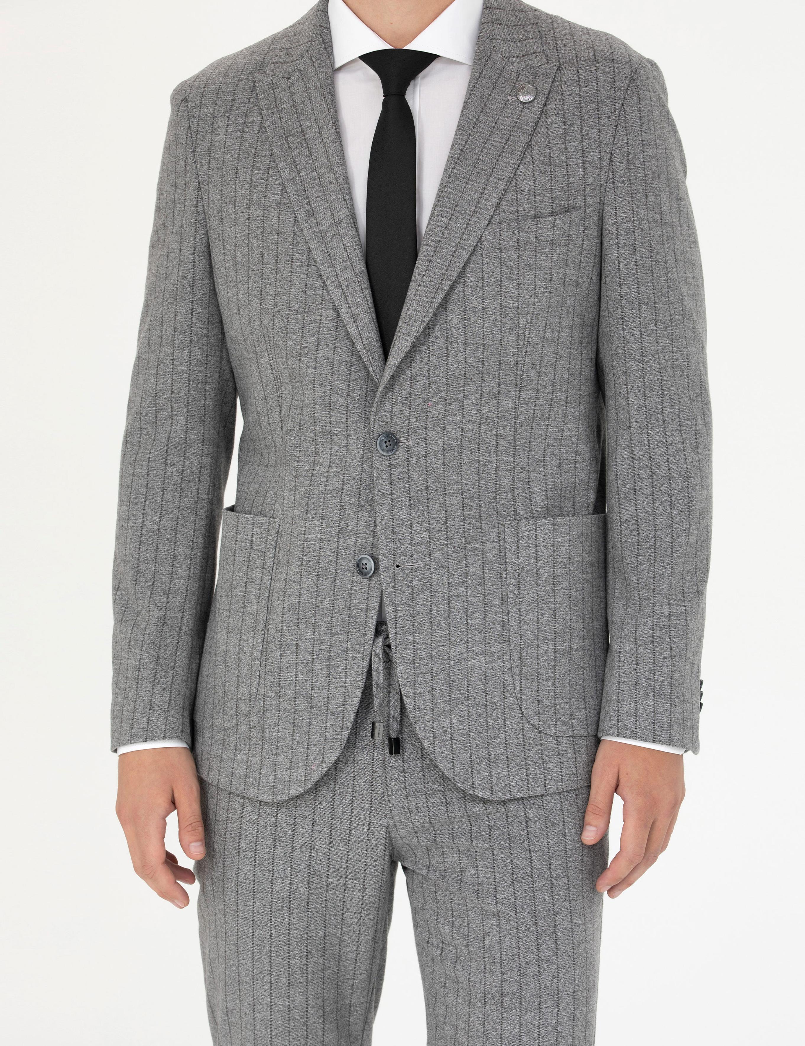 Gri Ekstra Slim Fit Çizgili Takım Elbise