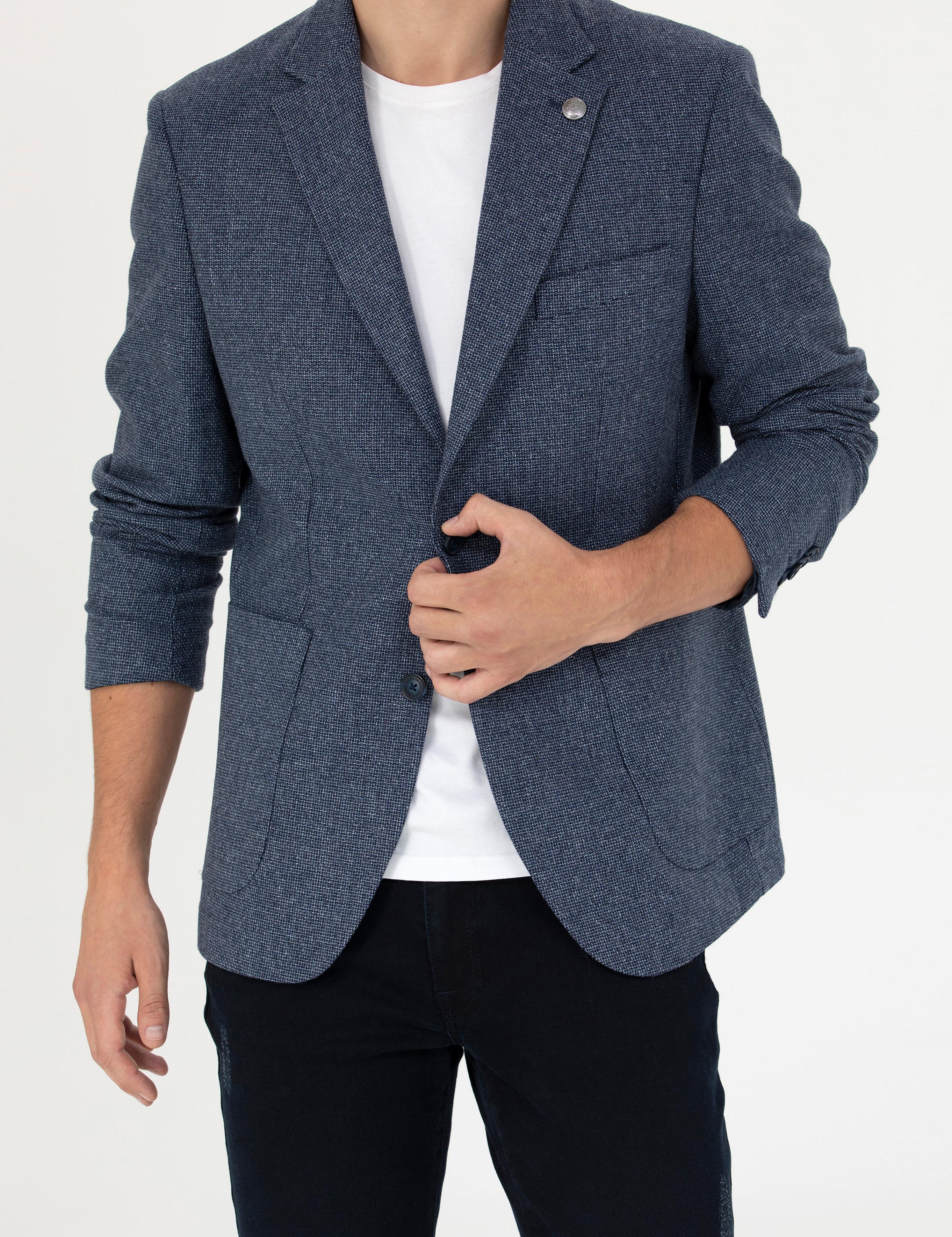 Lacivert Slim Fit Yün Karışımlı Ceket