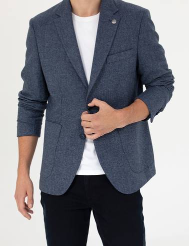 Lacivert Slim Fit Yün Karışımlı Ceket