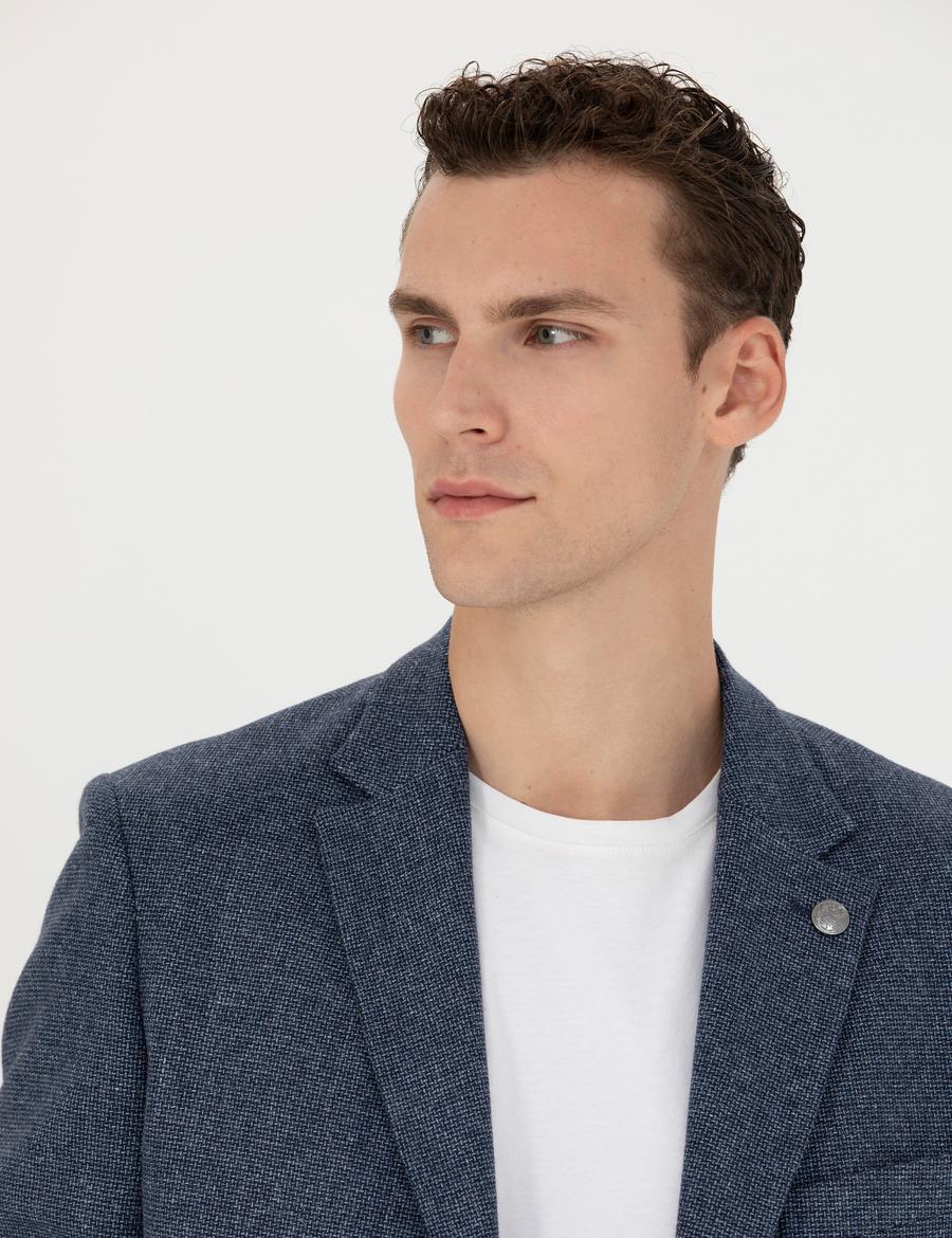 Lacivert Slim Fit Yün Karışımlı Ceket