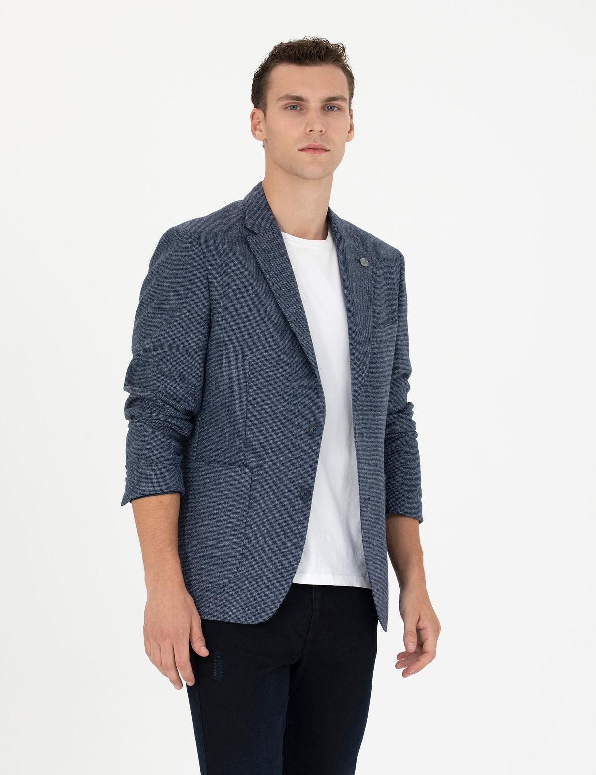 Lacivert Slim Fit Yün Karışımlı Ceket