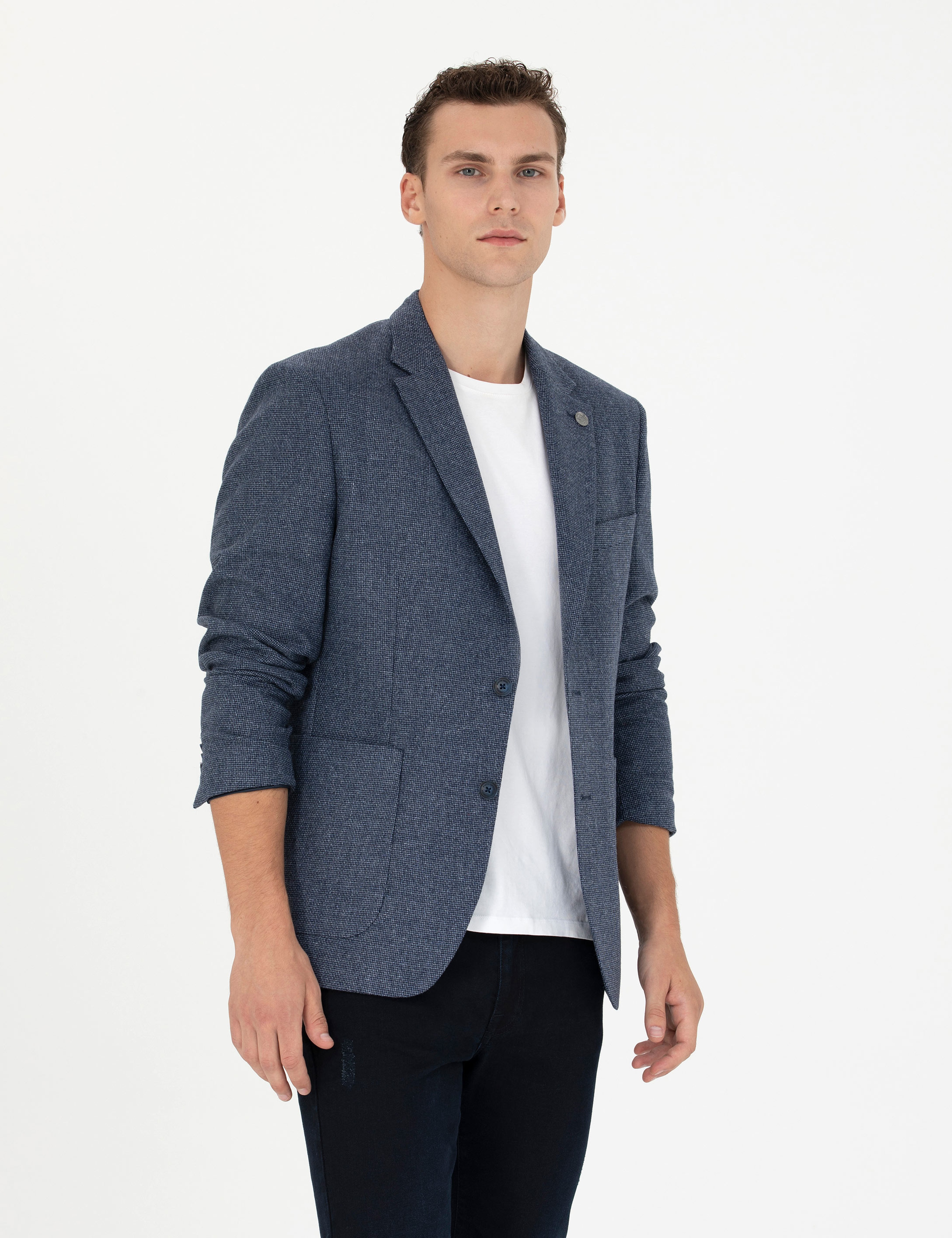 Lacivert Slim Fit Yün Karışımlı Ceket