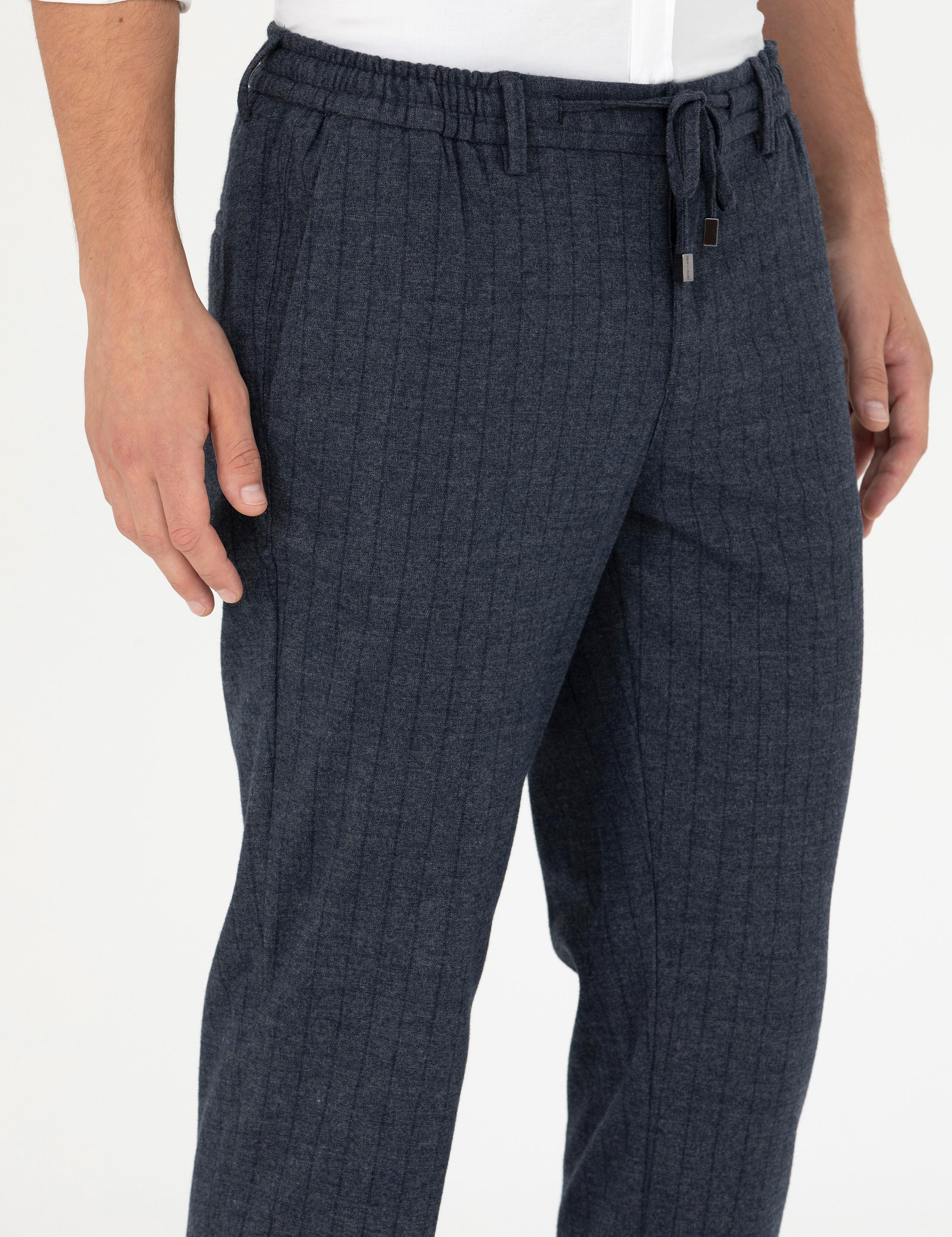 Lacivert Ekstra Slim Fit Çizgili Kumaş Pantolon