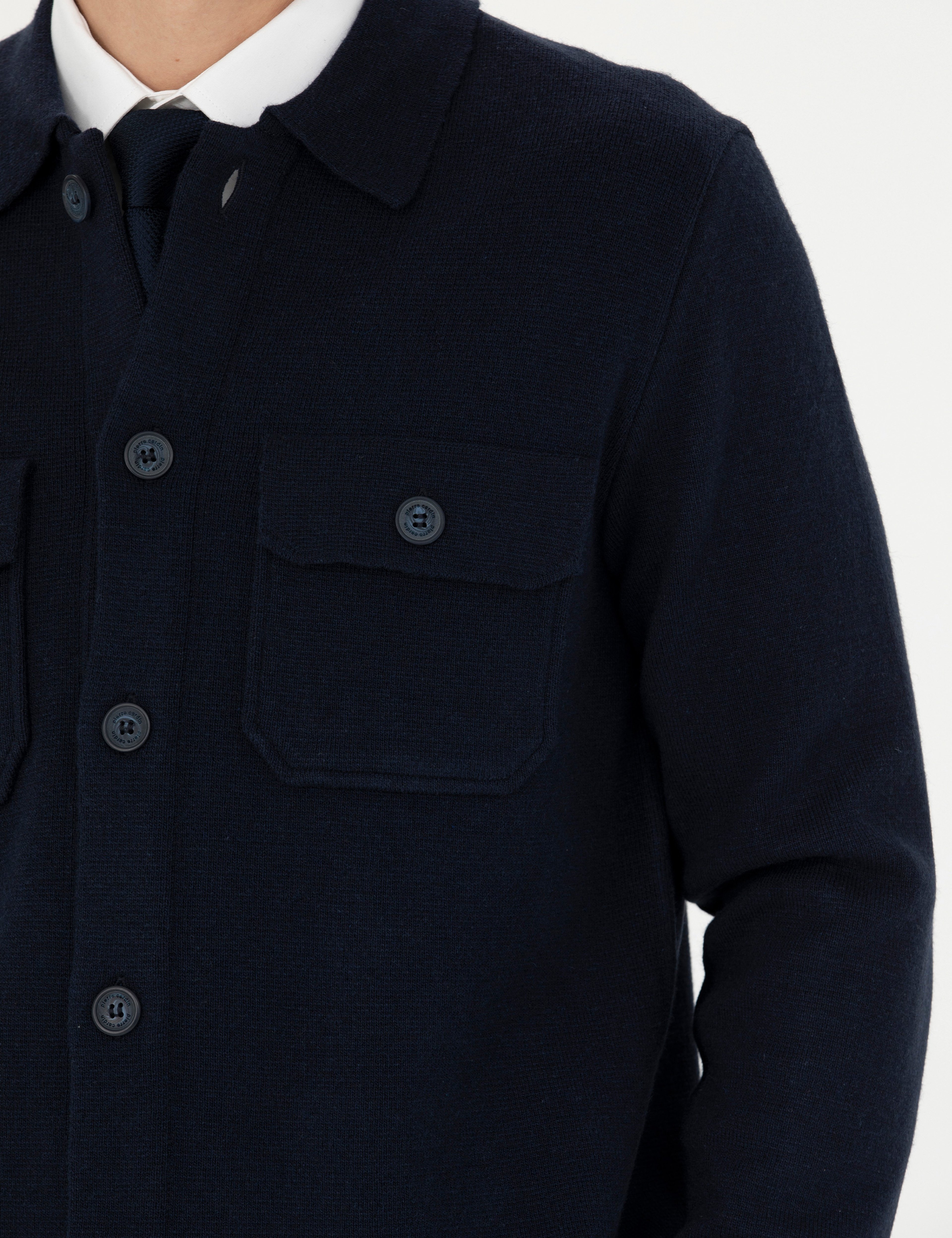 Lacivert Melanj Slim Fit Düğmeli Triko Hırka