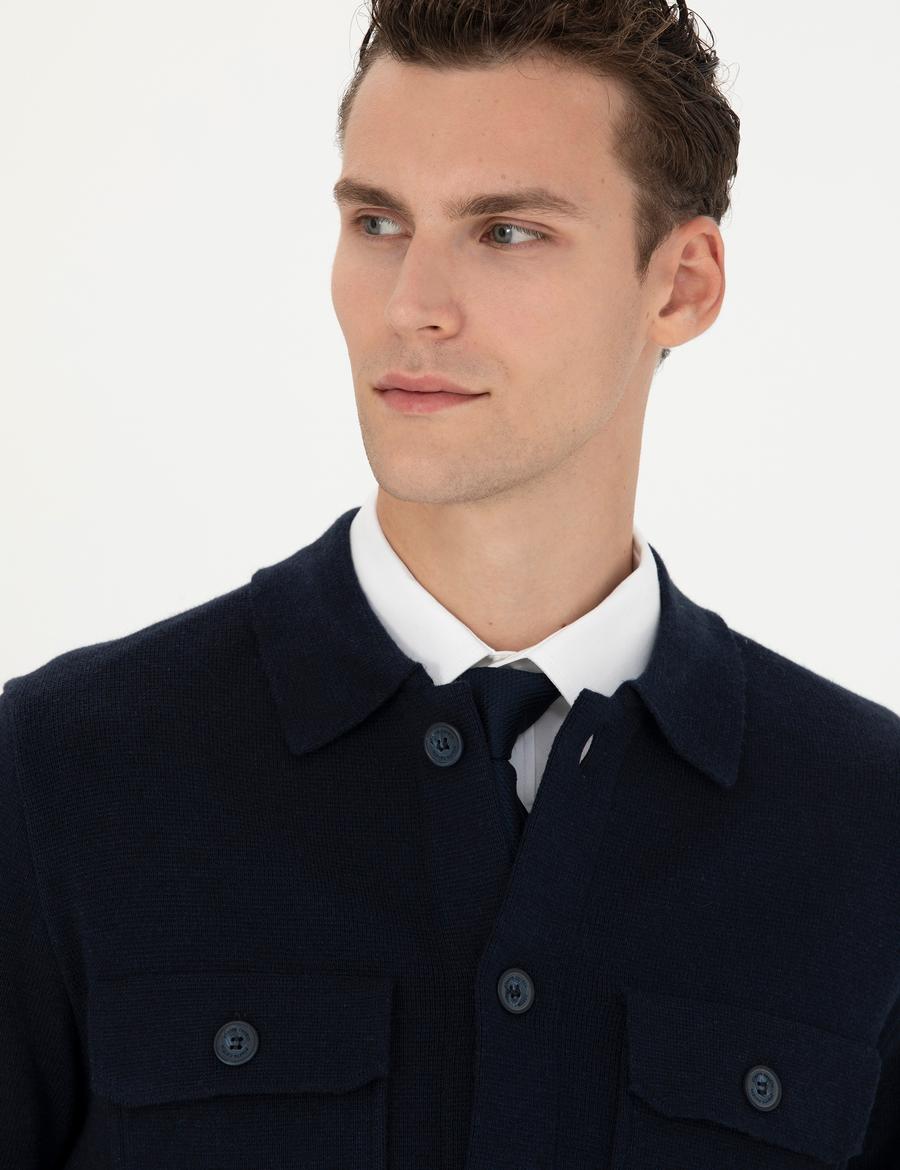 Lacivert Melanj Slim Fit Düğmeli Triko Hırka