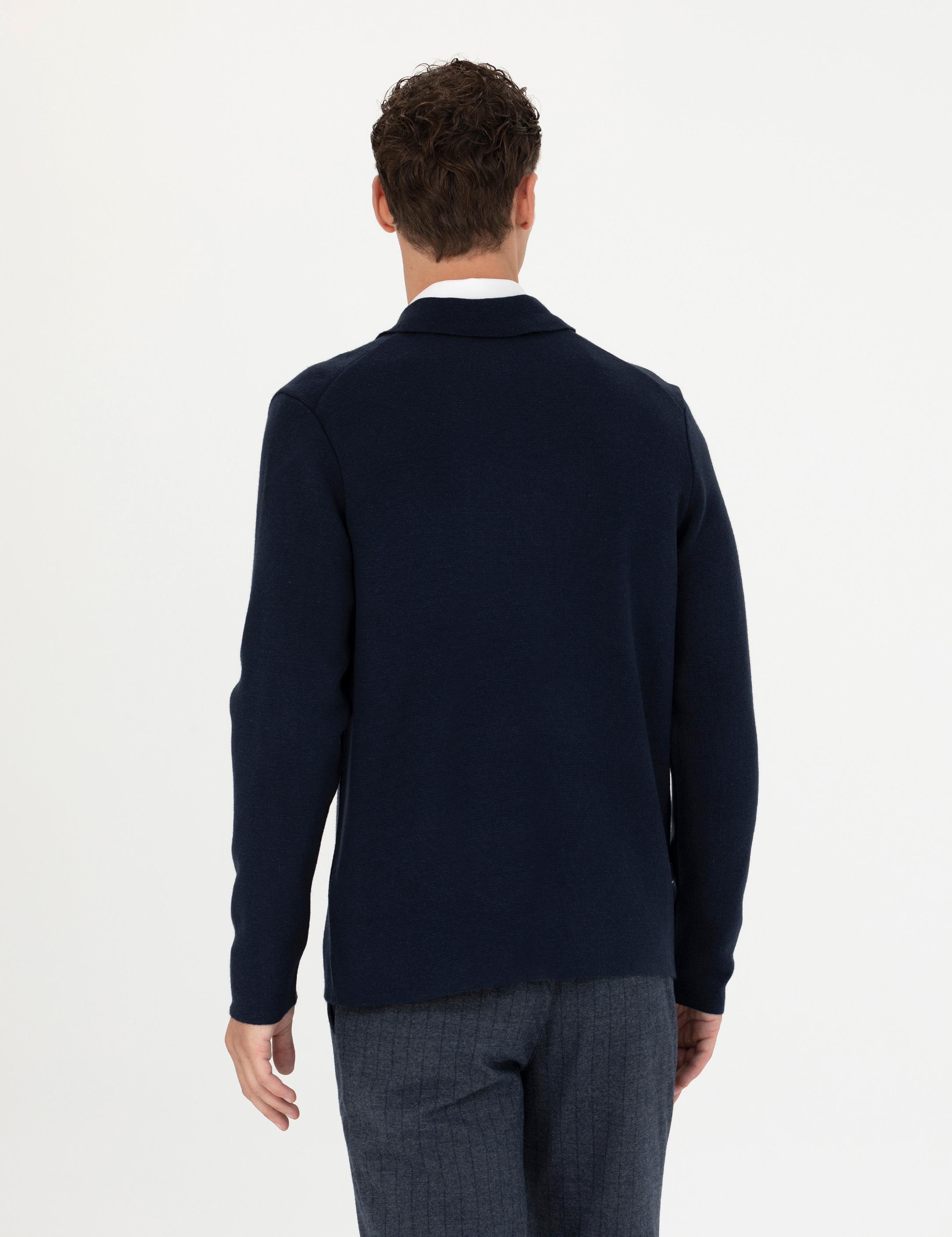 Lacivert Melanj Slim Fit Düğmeli Triko Hırka