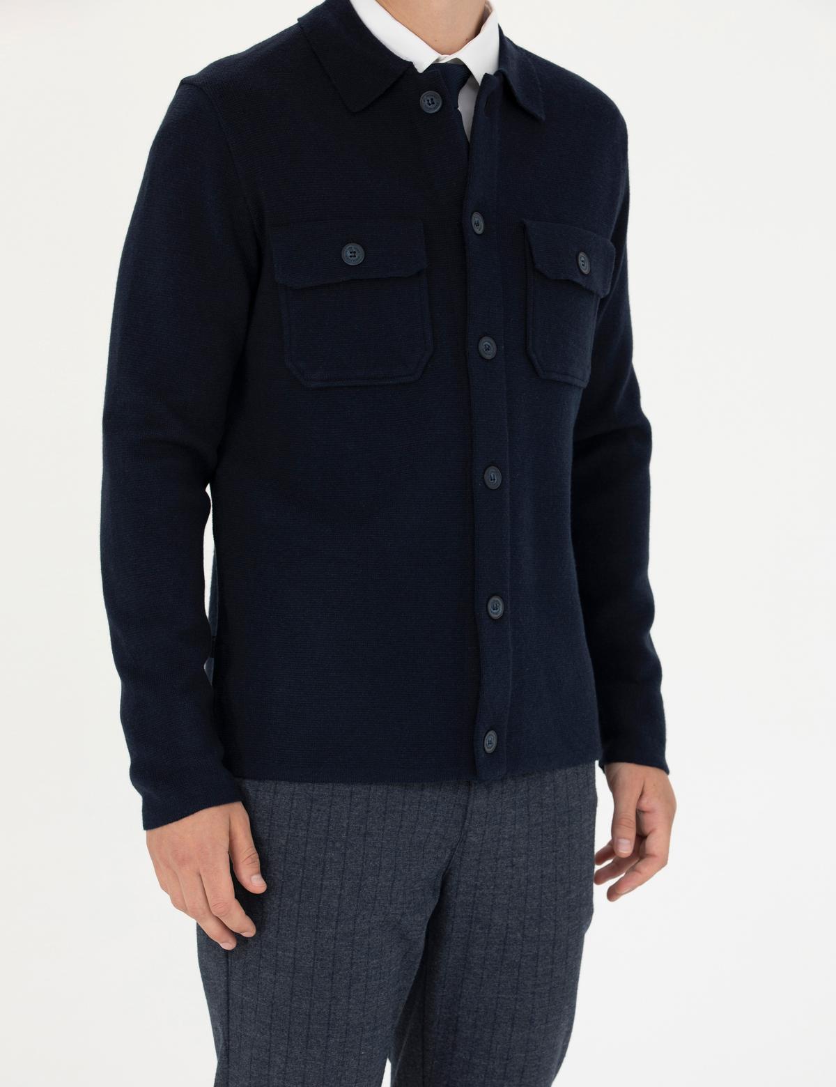 Lacivert Melanj Slim Fit Düğmeli Triko Hırka - 50278090001