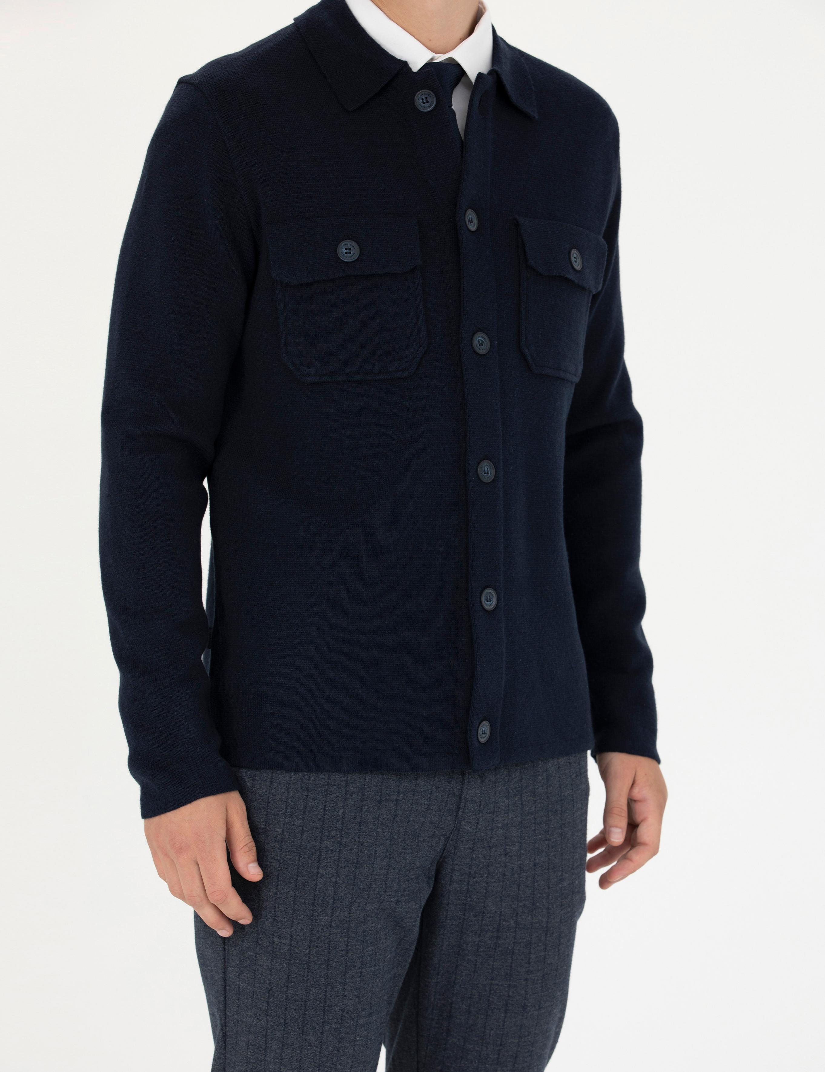 Lacivert Melanj Slim Fit Düğmeli Triko Hırka