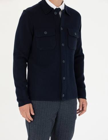 Lacivert Melanj Slim Fit Düğmeli Triko Hırka