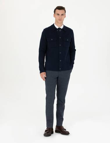 Lacivert Melanj Slim Fit Düğmeli Triko Hırka