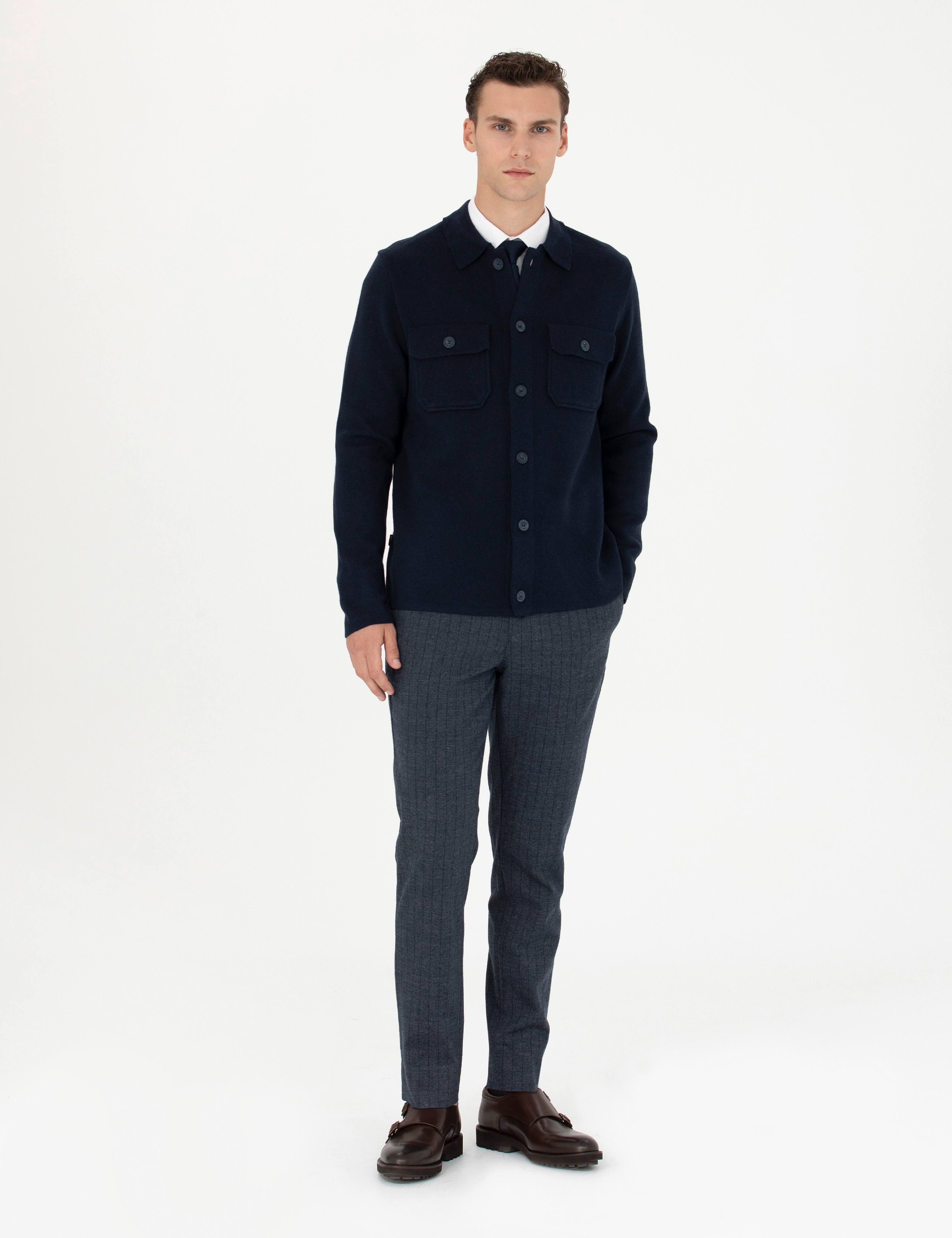 Lacivert Melanj Slim Fit Düğmeli Triko Hırka - Image 4