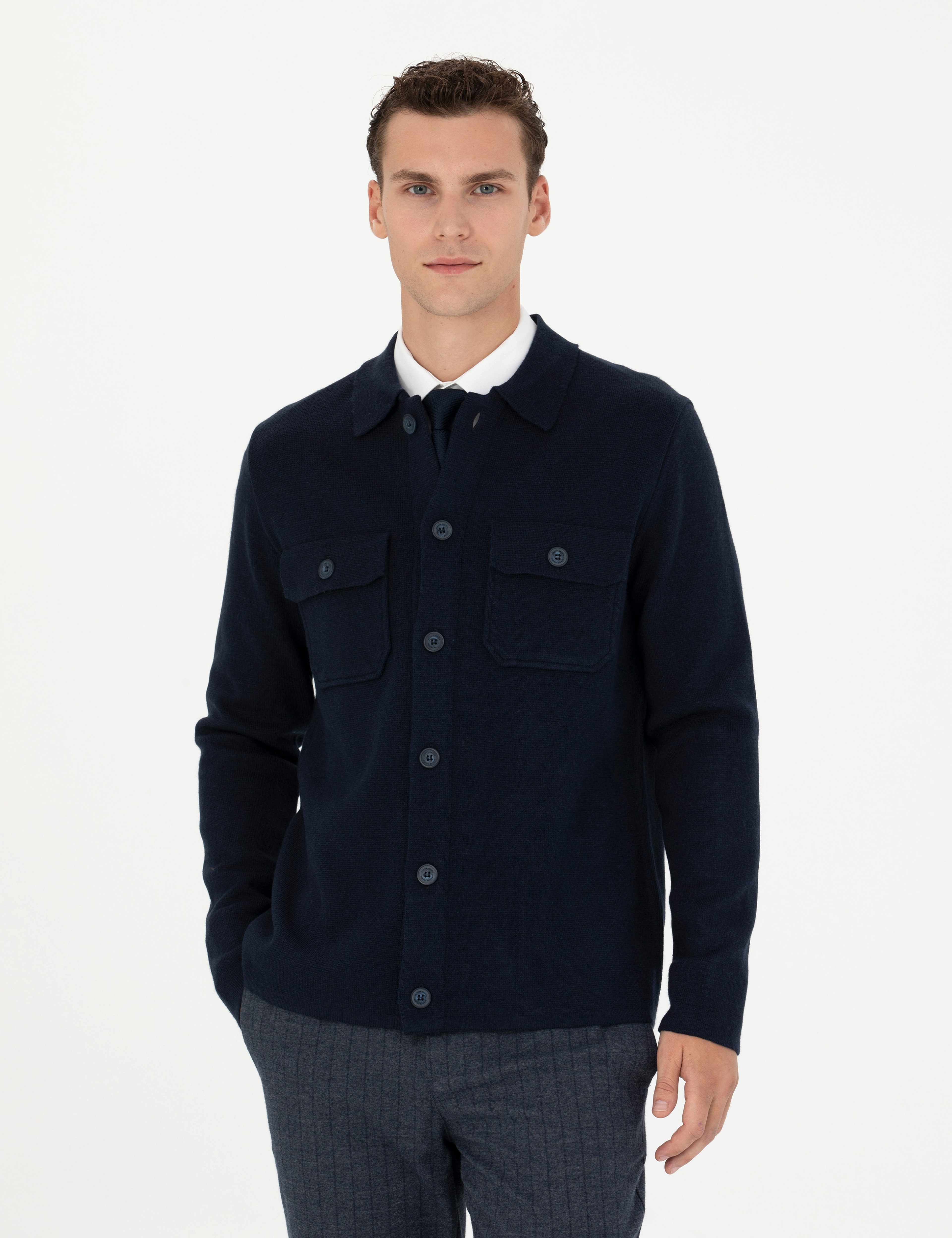 Lacivert Melanj Slim Fit Düğmeli Triko Hırka - Image 1