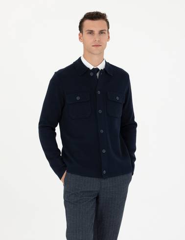 Lacivert Melanj Slim Fit Düğmeli Triko Hırka