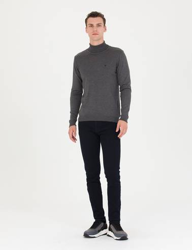 Gri Melanj Slim Fit Balıkçı Yaka Basic Triko Kazak