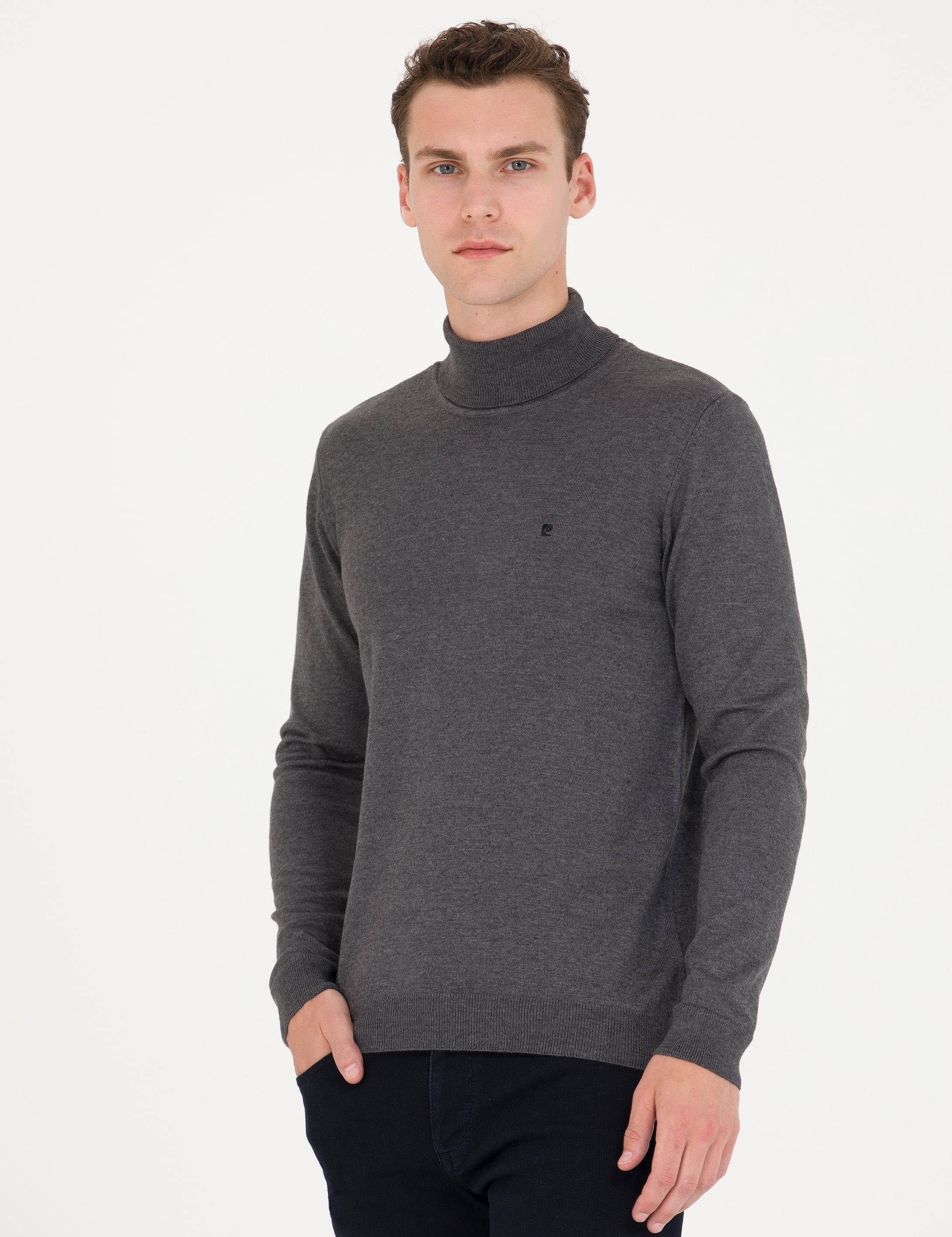 Gri Melanj Slim Fit Balıkçı Yaka Basic Triko Kazak