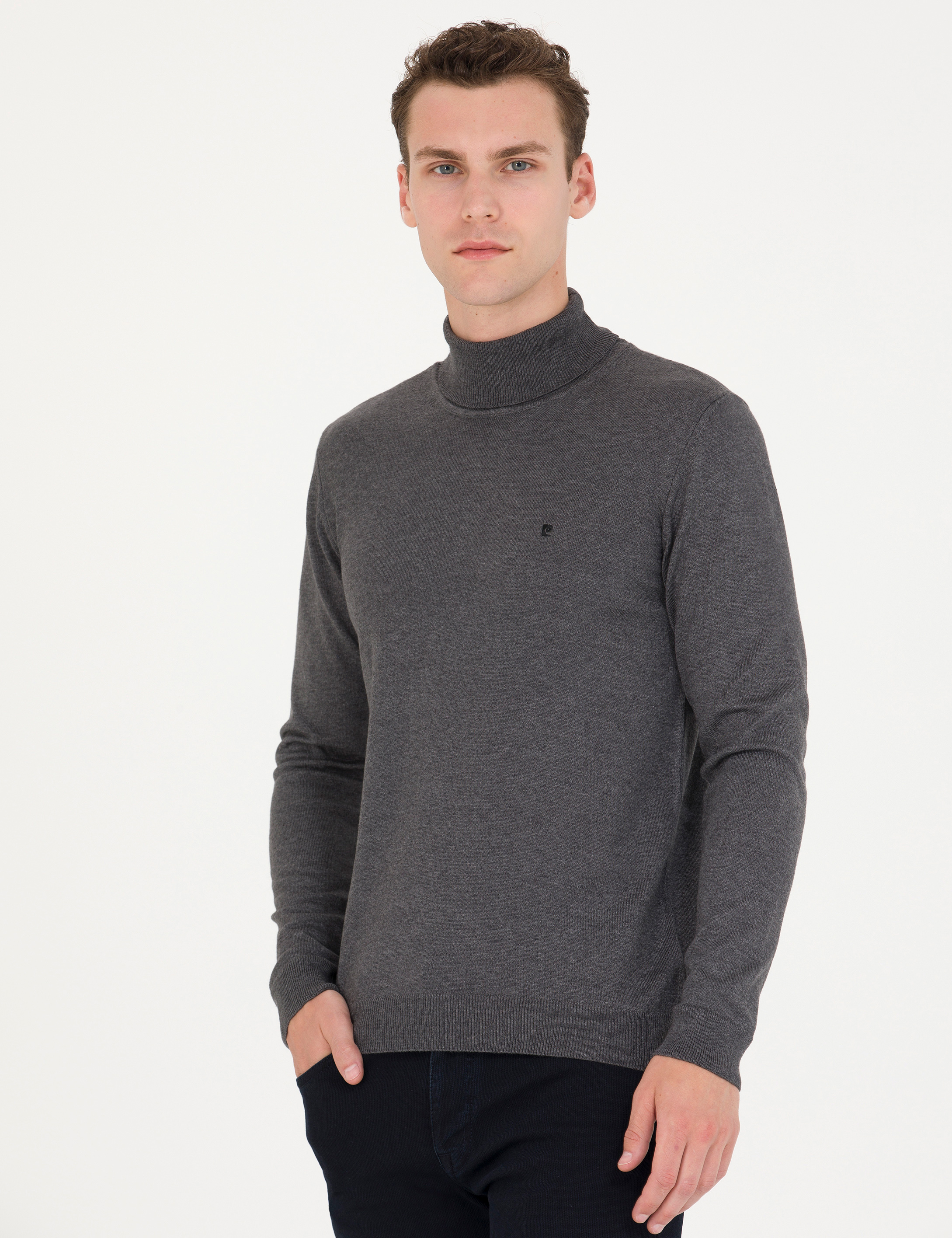 Gri Melanj Slim Fit Balıkçı Yaka Basic Triko Kazak