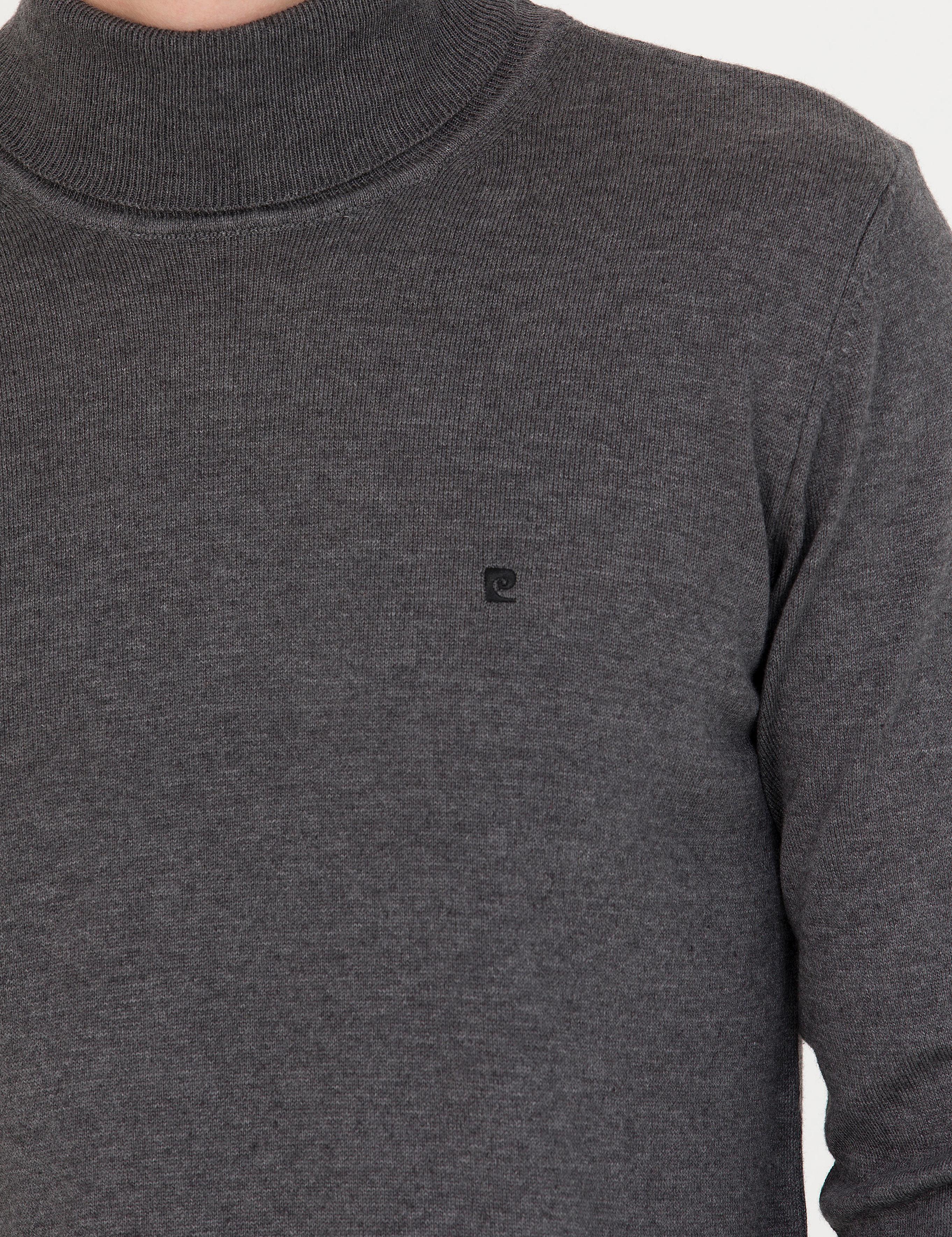 Gri Melanj Slim Fit Balıkçı Yaka Basic Triko Kazak