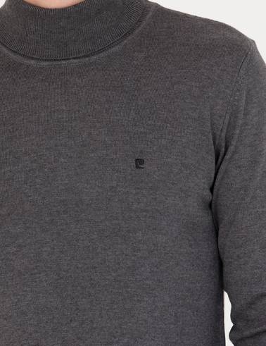 Gri Melanj Slim Fit Balıkçı Yaka Basic Triko Kazak
