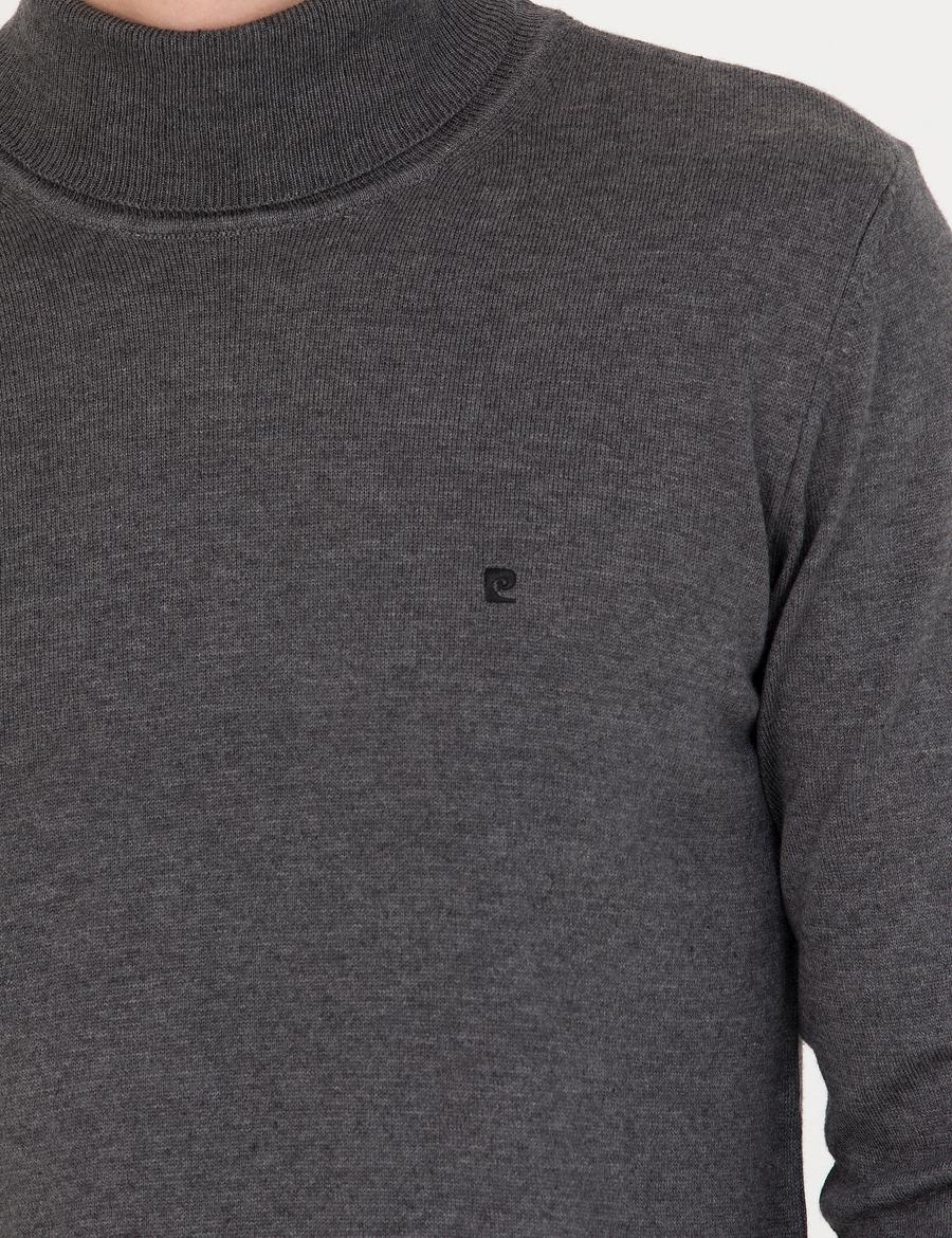 Gri Melanj Slim Fit Balıkçı Yaka Basic Triko Kazak