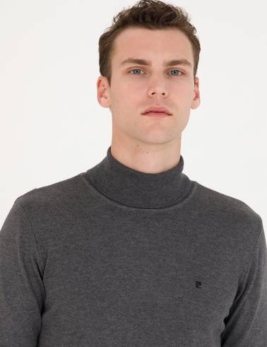Gri Melanj Slim Fit Balıkçı Yaka Basic Triko Kazak