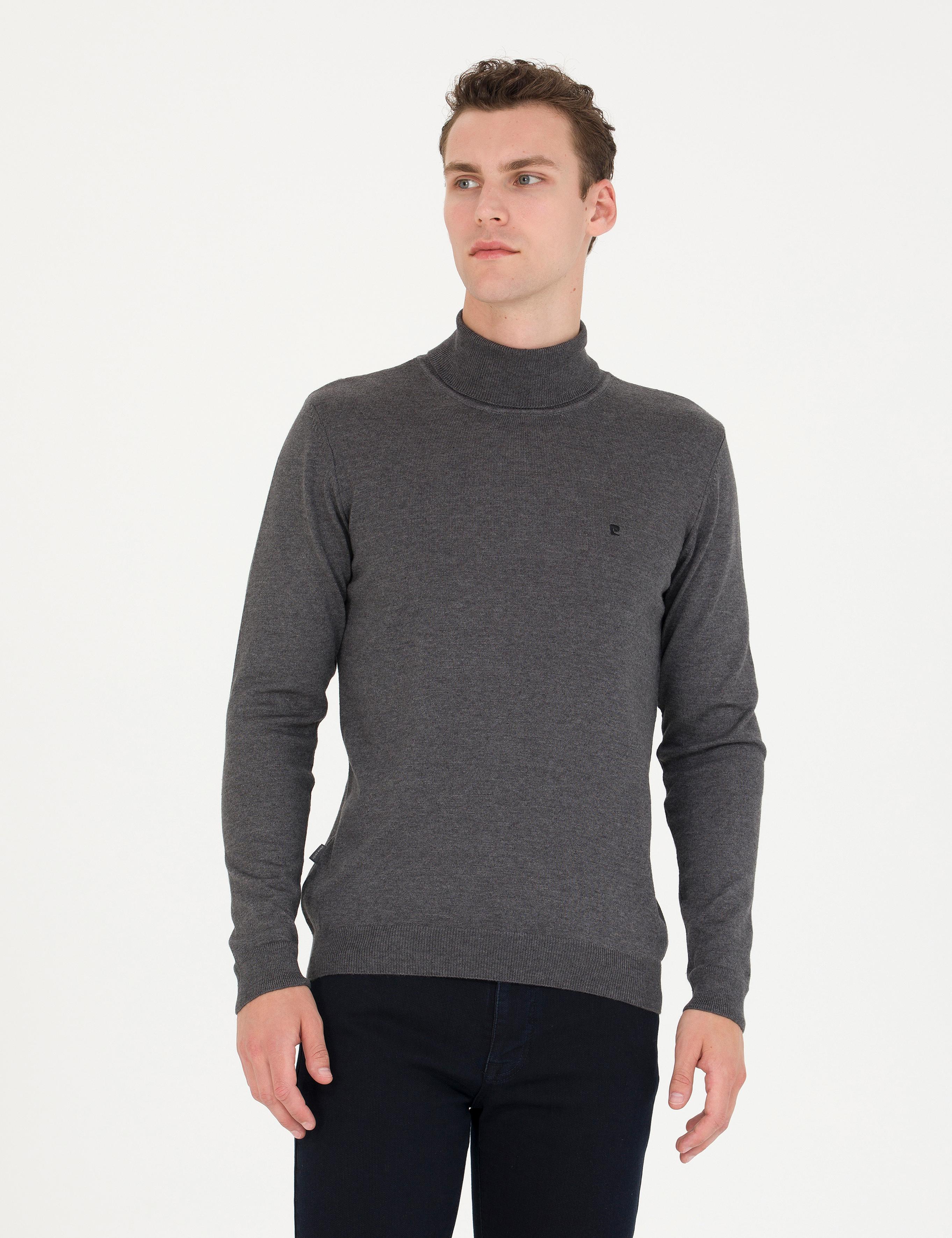 Gri Melanj Slim Fit Balıkçı Yaka Basic Triko Kazak