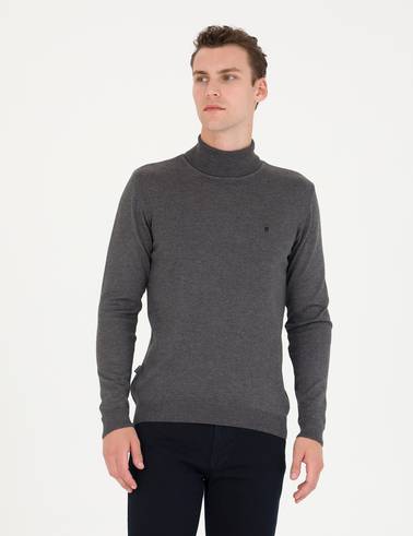 Gri Melanj Slim Fit Balıkçı Yaka Basic Triko Kazak